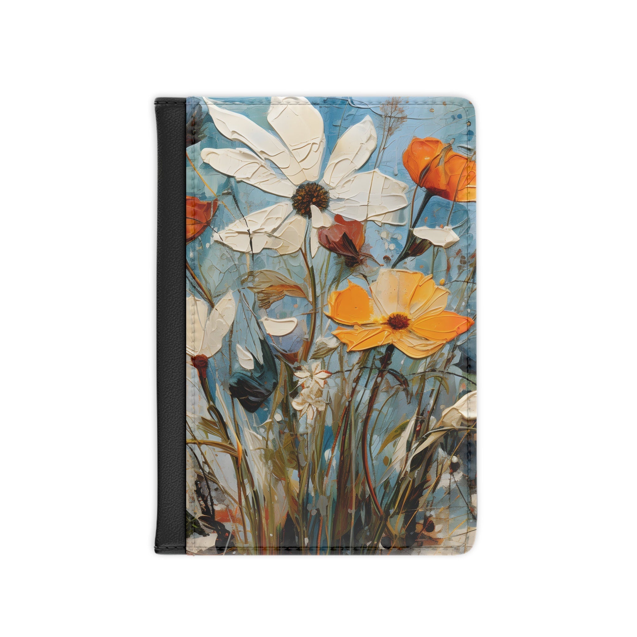 Vintage-Style Floral Passport Wallet: Colorful Wildflower Pattern on Blue Faux Leather Travel Accessory