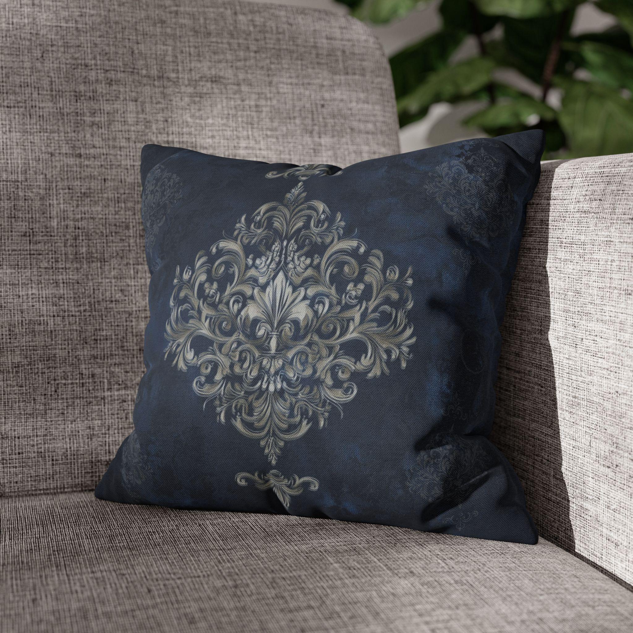 Elegant Navy Blue Damask Pillow Cover with Antique Gold Scroll Pattern - Baroque Accent Cushion