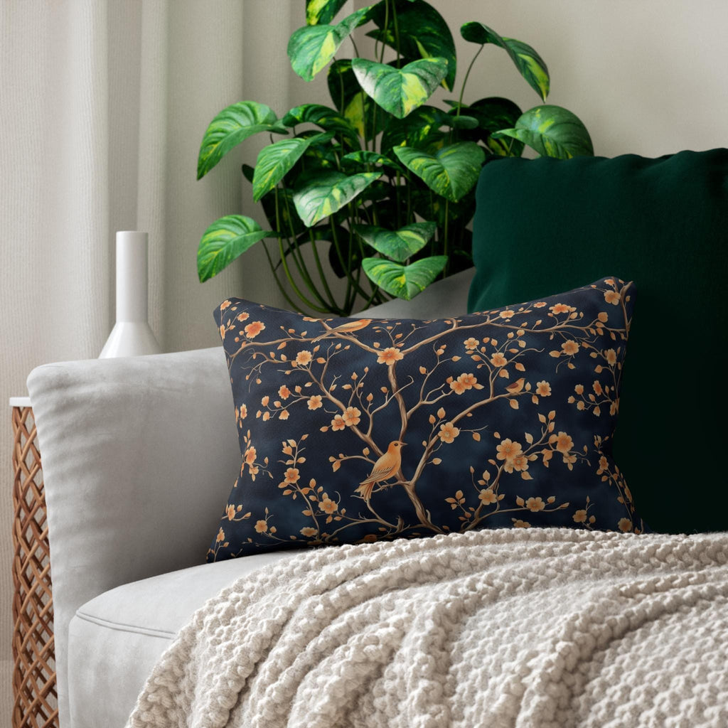 Chinoiserie Bird Blossom Lumbar Pillow: Peach & Chestnut on Navy Blue