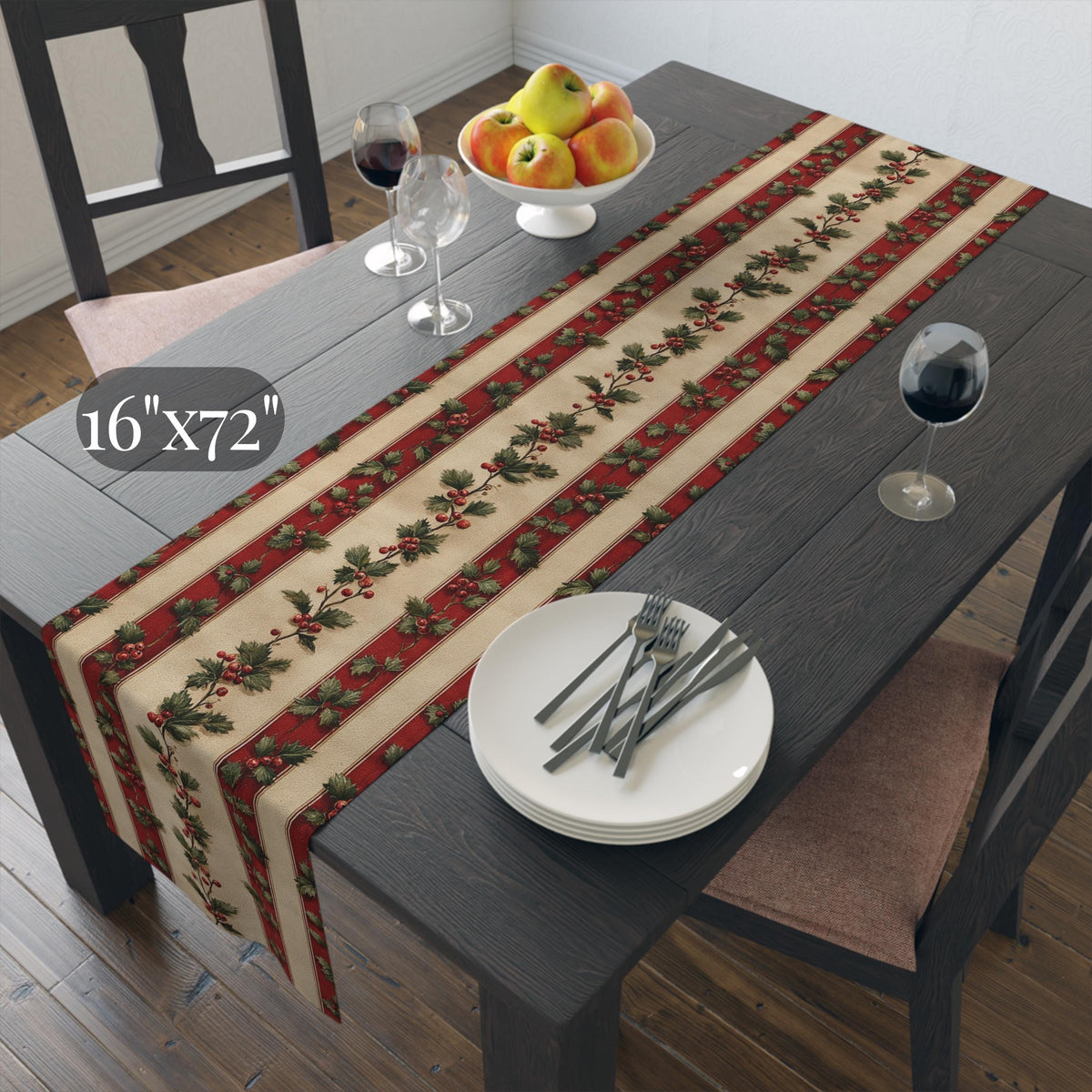 Striped Holly Christmas Table Runner: Red, Green, Cream Holiday Botanical Winter Decor