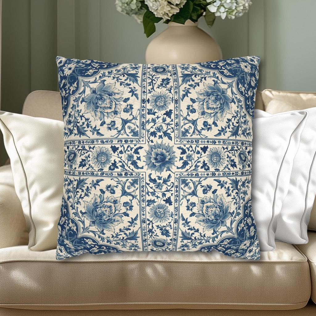 Toile Pillow Cover: Blue and Cream Botanical Farmhouse Decor