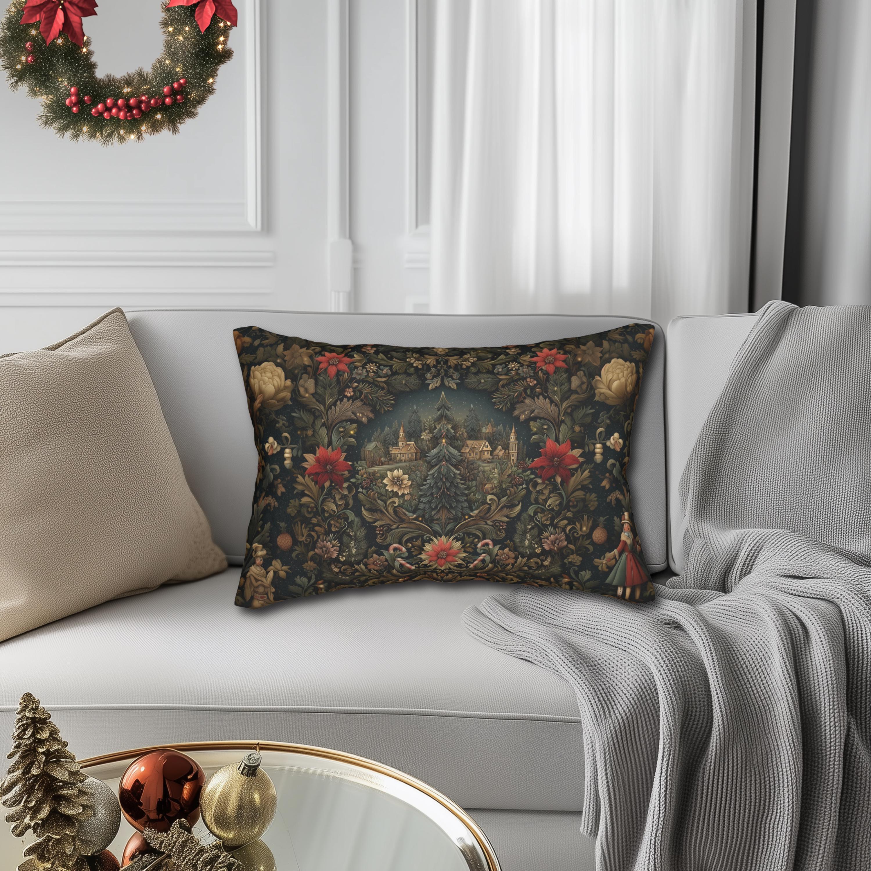 Storybook Village Christmas Lumbar Pillow: William Morris Style, Pine Green and Crimson Florals