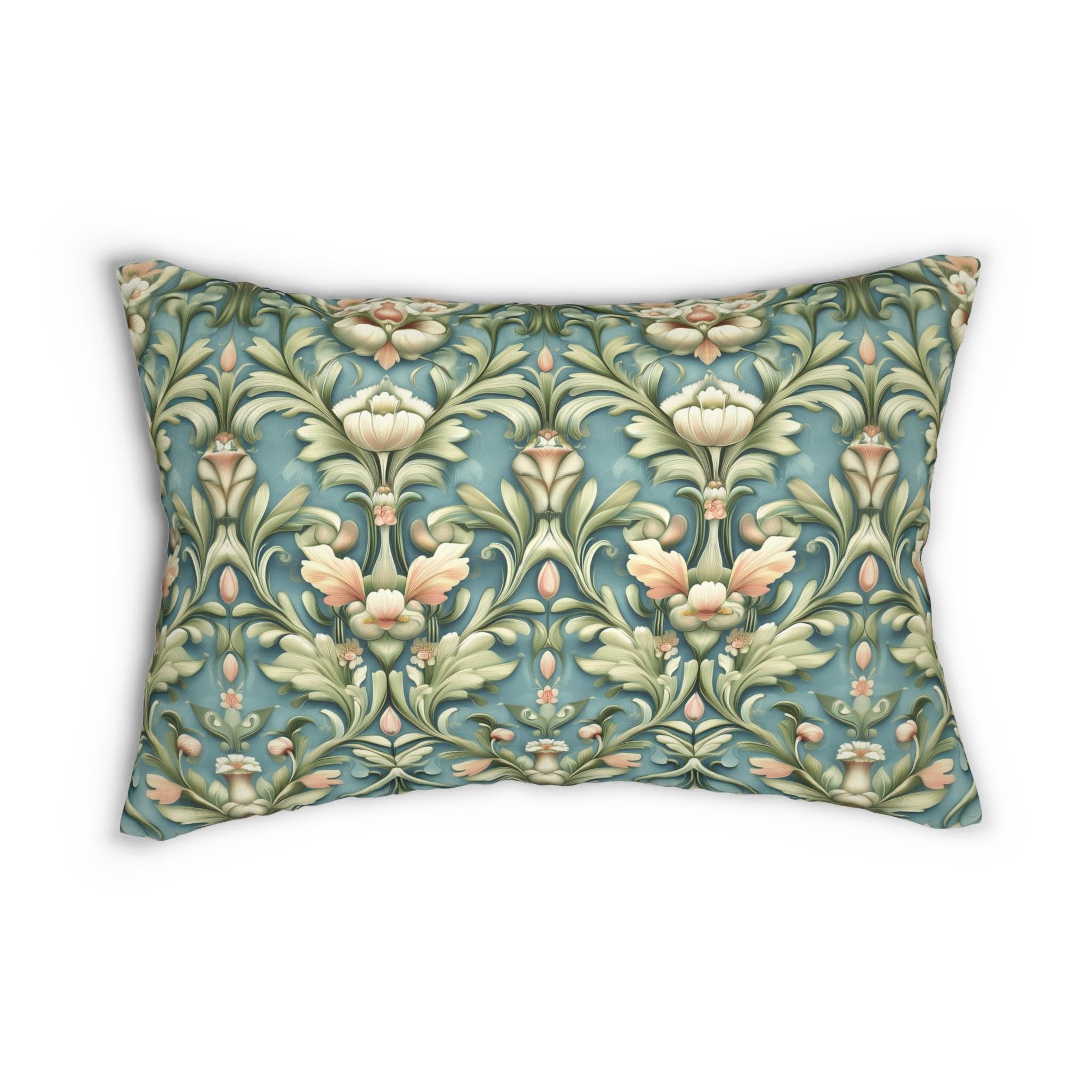 William Morris Lumbar Pillow: Teal Botanical Floral Cushion