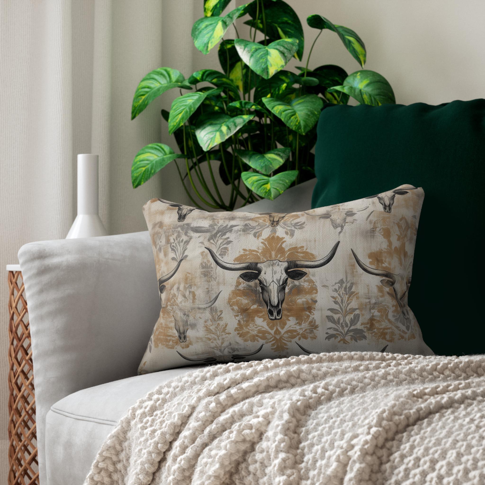 Distressed Longhorn Skull Lumbar Pillow: Western Ranch Decor Rustic Southwest Accent