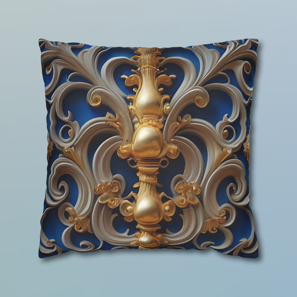 Opulent Baroque-Inspired Blue & Gold Throw Pillow Cover: Luxurious Ornate Symmetrical Design Cushion
