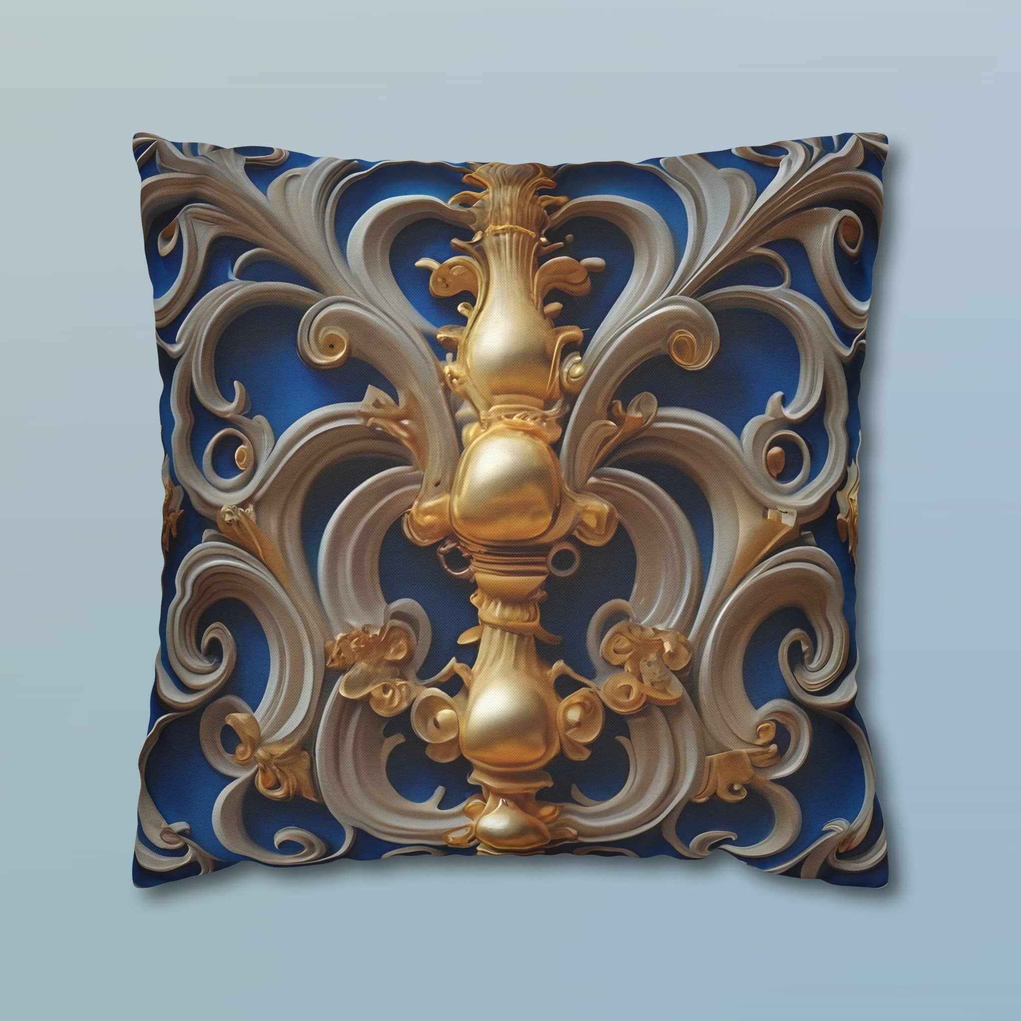 Opulent Baroque-Inspired Blue & Gold Throw Pillow Cover: Luxurious Ornate Symmetrical Design Cushion