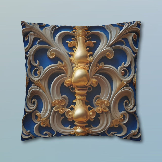Opulent Baroque-Inspired Blue & Gold Throw Pillow Cover: Luxurious Ornate Symmetrical Design Cushion