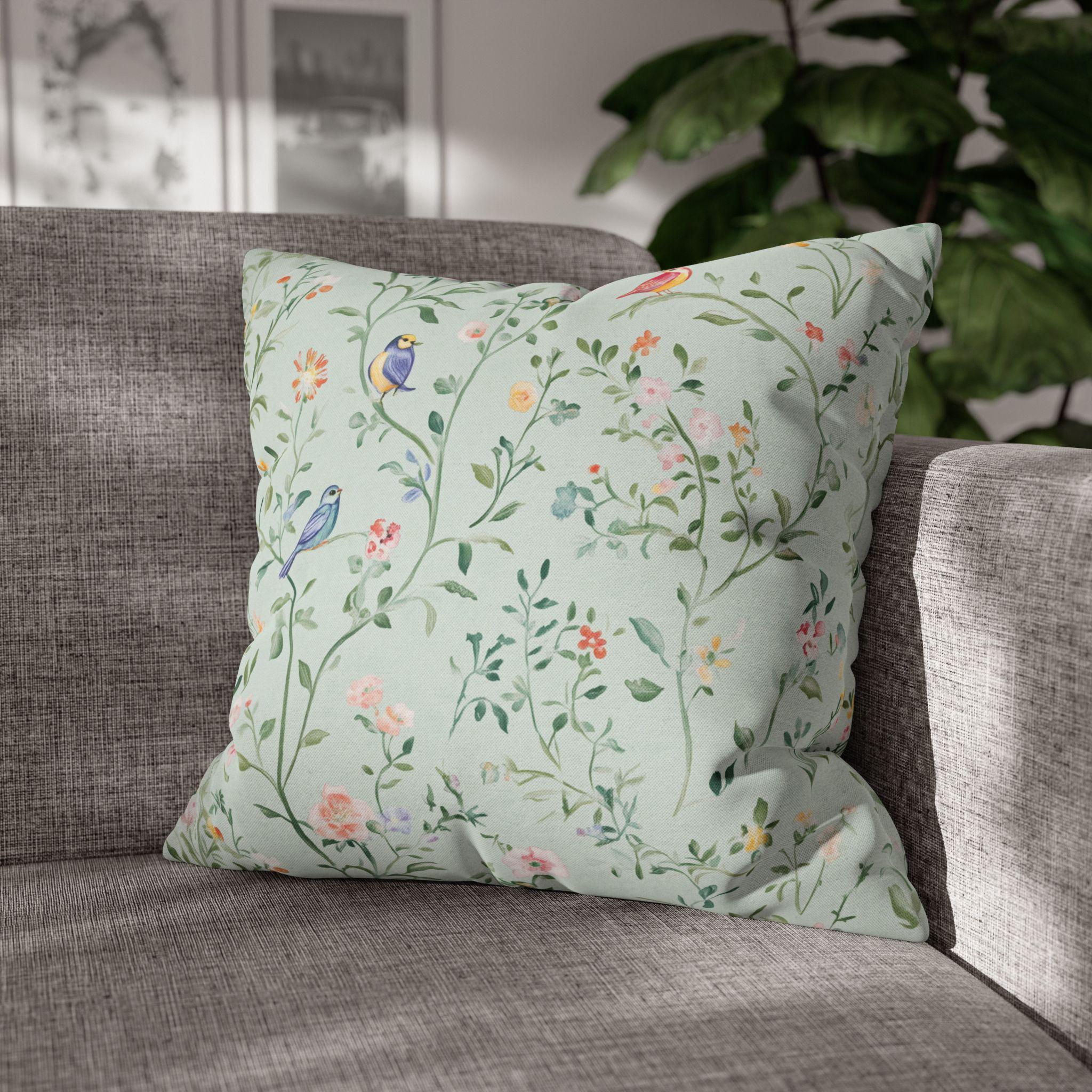 Chinoiserie Bird Cushion Cover: Mint Green Floral Pillow for Whimsical Garden-Inspired Home Decor