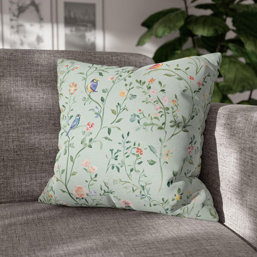 Chinoiserie Bird Cushion Cover: Mint Green Floral Pillow for Whimsical Garden-Inspired Home Decor