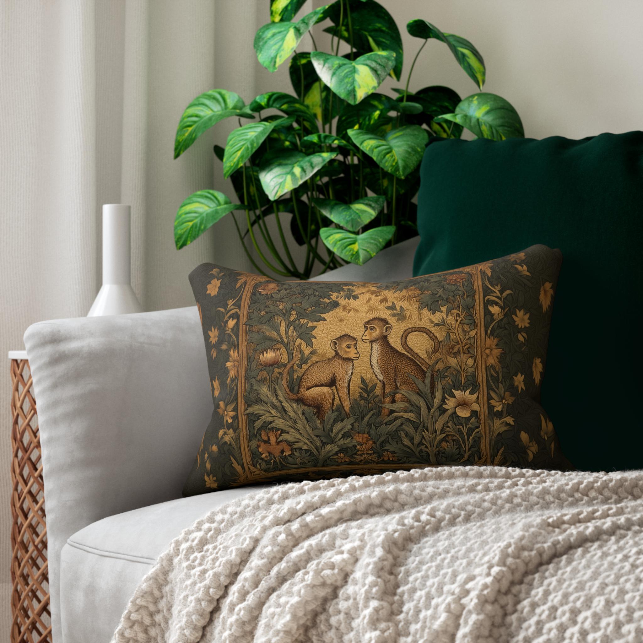 William Morris Style Lumbar Pillow:  Monkey Jungle Botanical Design