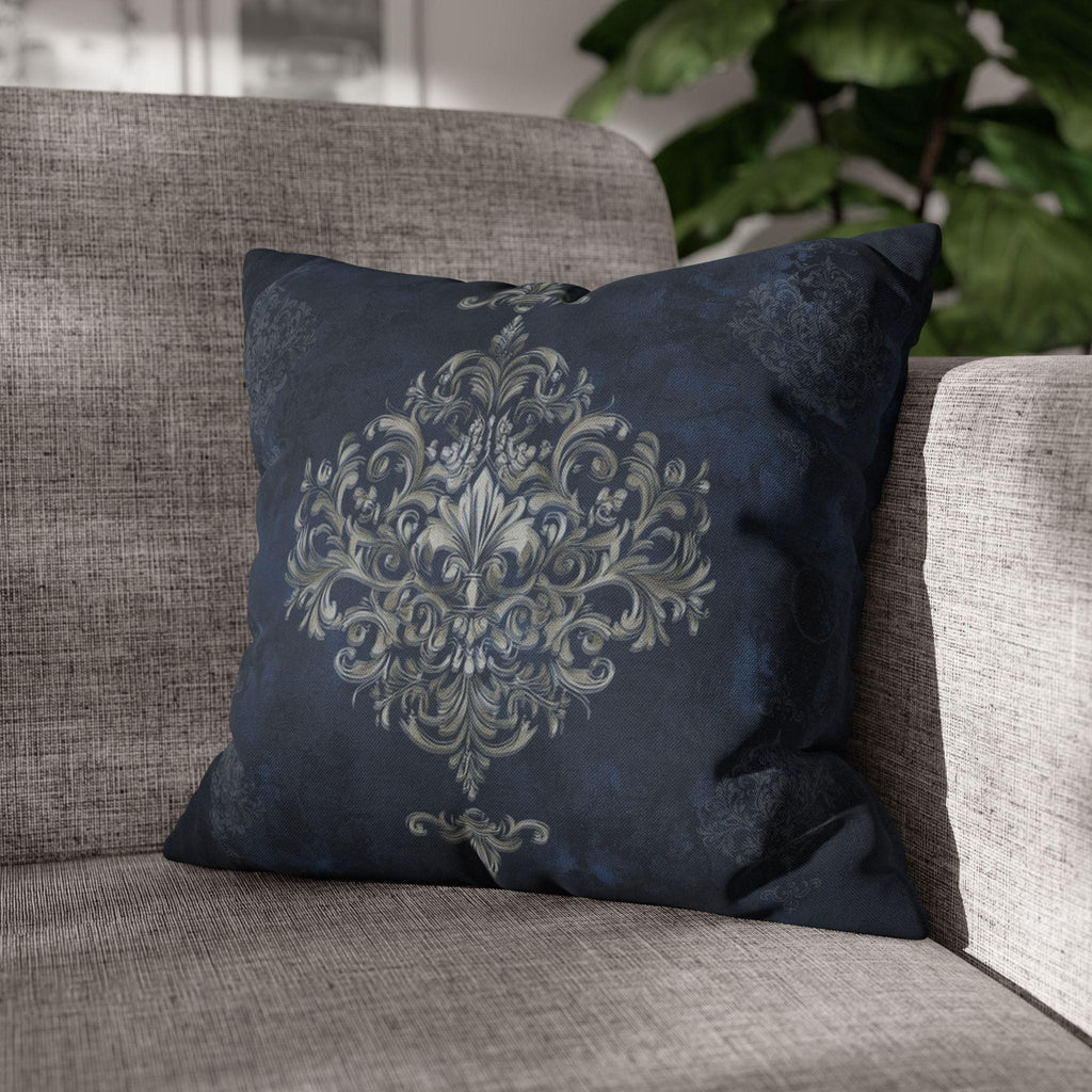 Elegant Navy Blue Damask Pillow Cover with Antique Gold Scroll Pattern - Baroque Accent Cushion