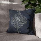Elegant Navy Blue Damask Pillow Cover with Antique Gold Scroll Pattern - Baroque Accent Cushion