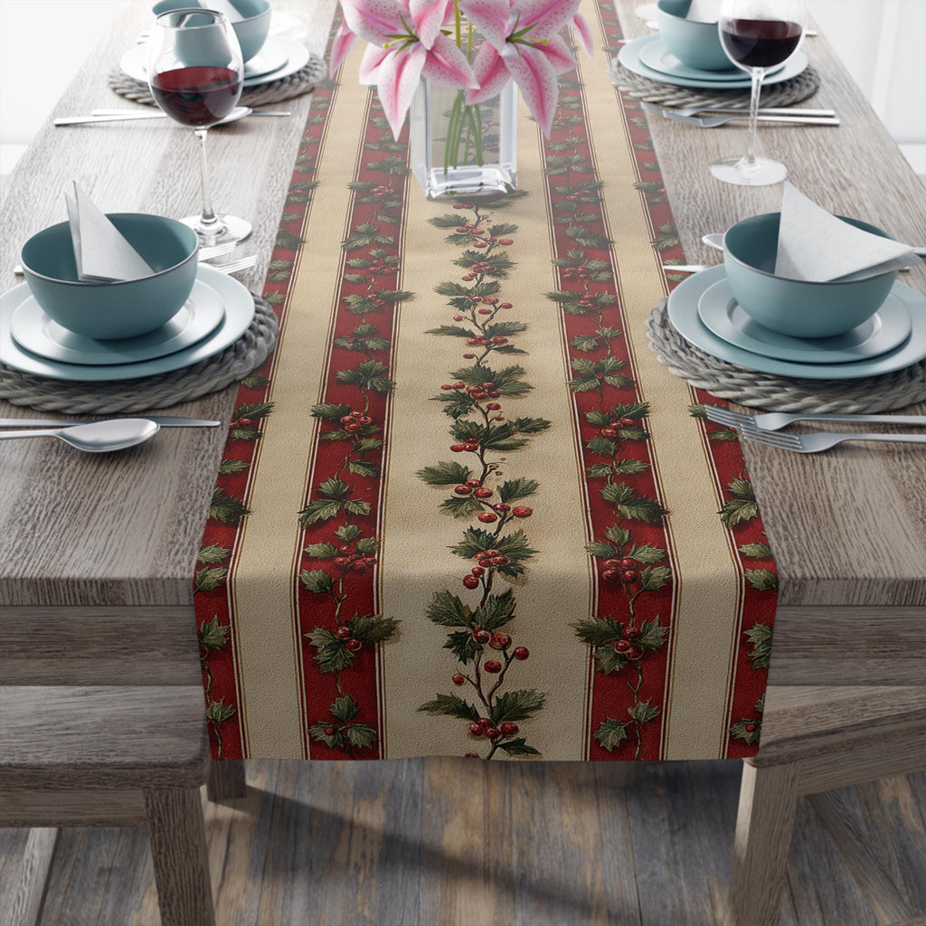 Striped Holly Christmas Table Runner: Red, Green, Cream Holiday Botanical Winter Decor