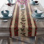 Striped Holly Christmas Table Runner: Red, Green, Cream Holiday Botanical Winter Decor