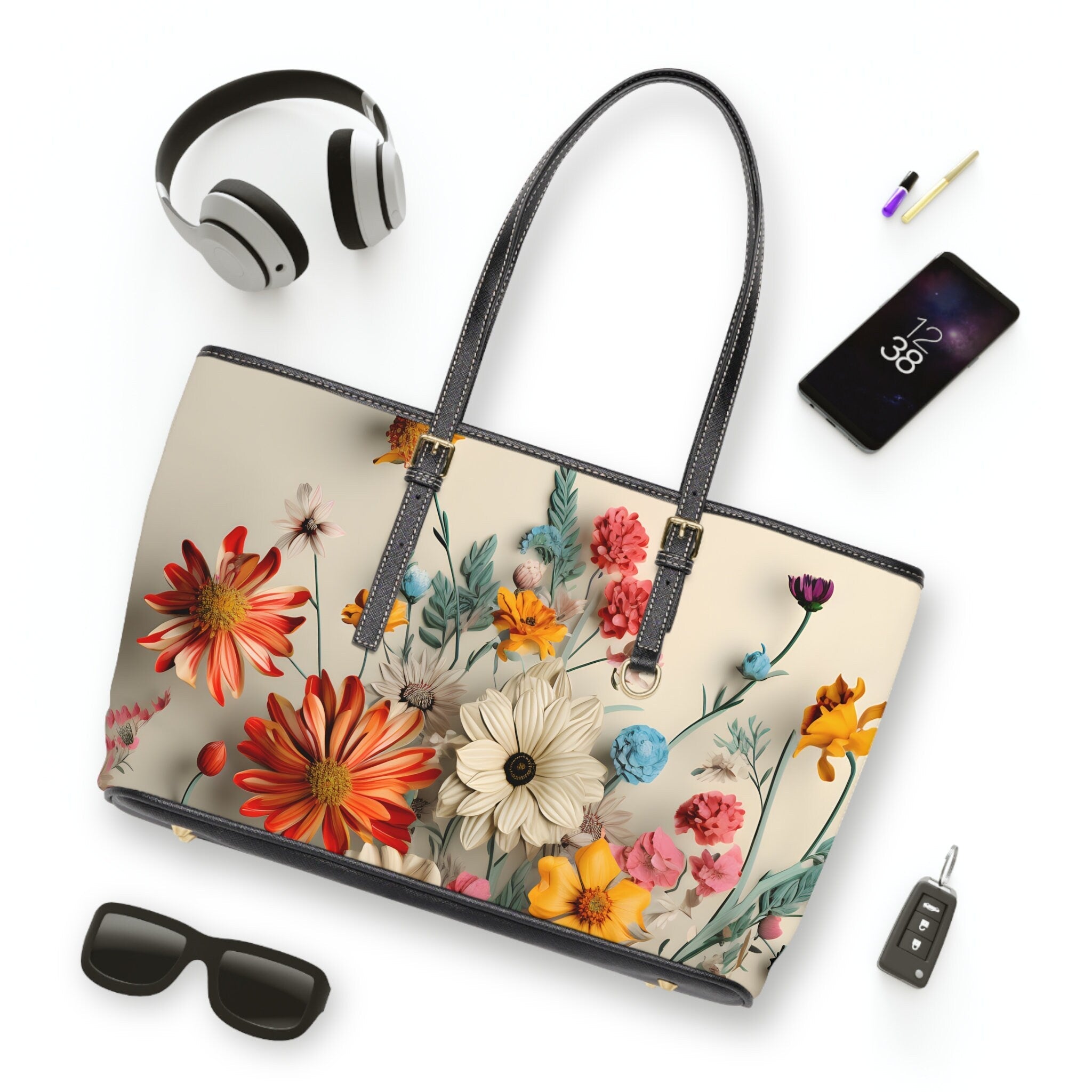 Vintage-Inspired Wildflower Shoulder Bag: Oversized PU Leather Tote with Artistic Floral Design