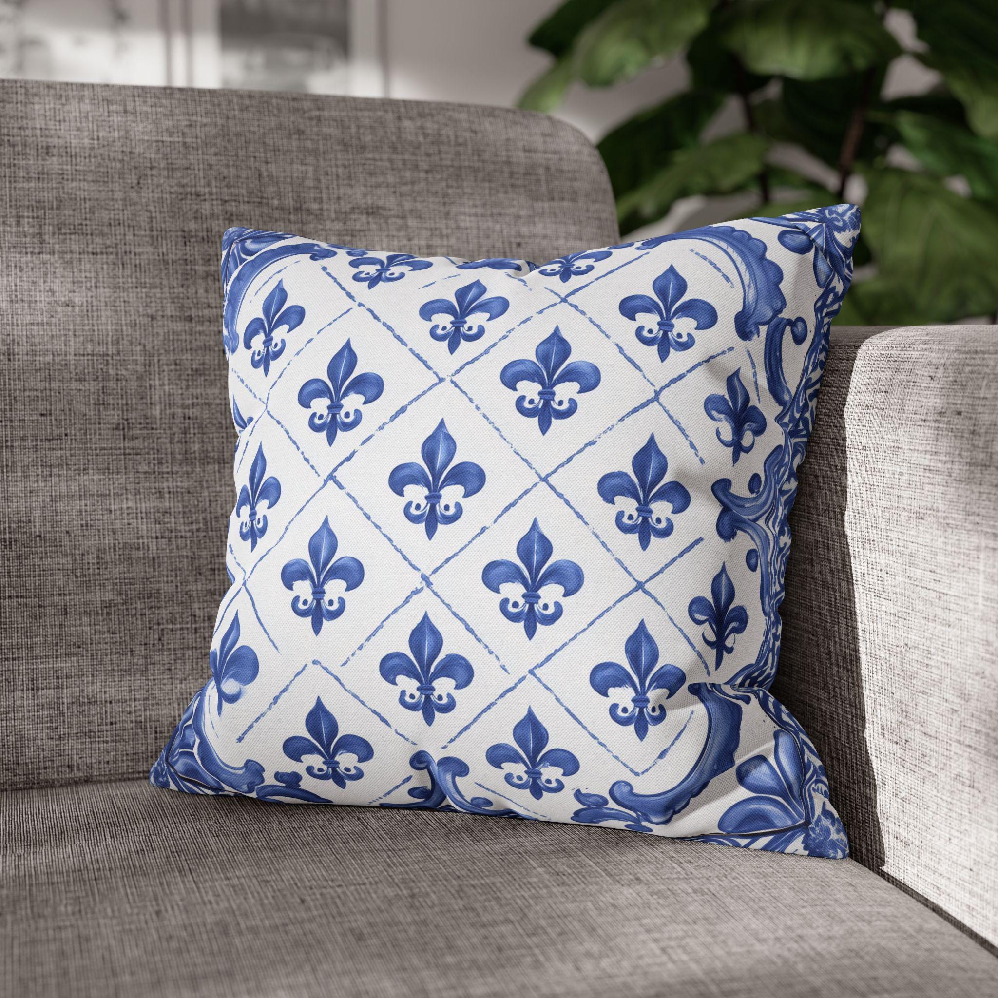 Fleur de Lis Pillow Cover: Blue & White French Tile Design