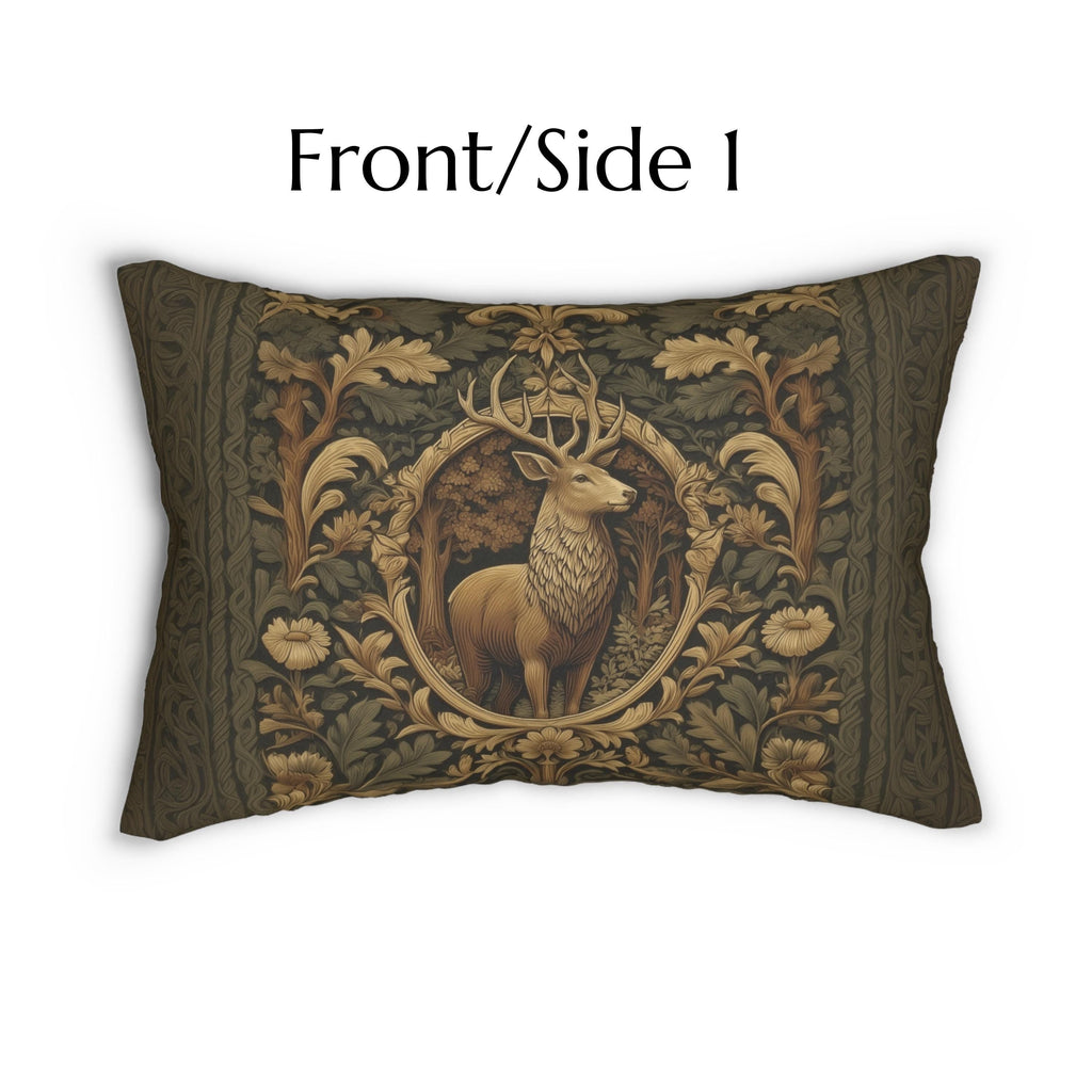 William Morris Inspired Noble Stag Lumbar Pillow: Botanical Woodland Design