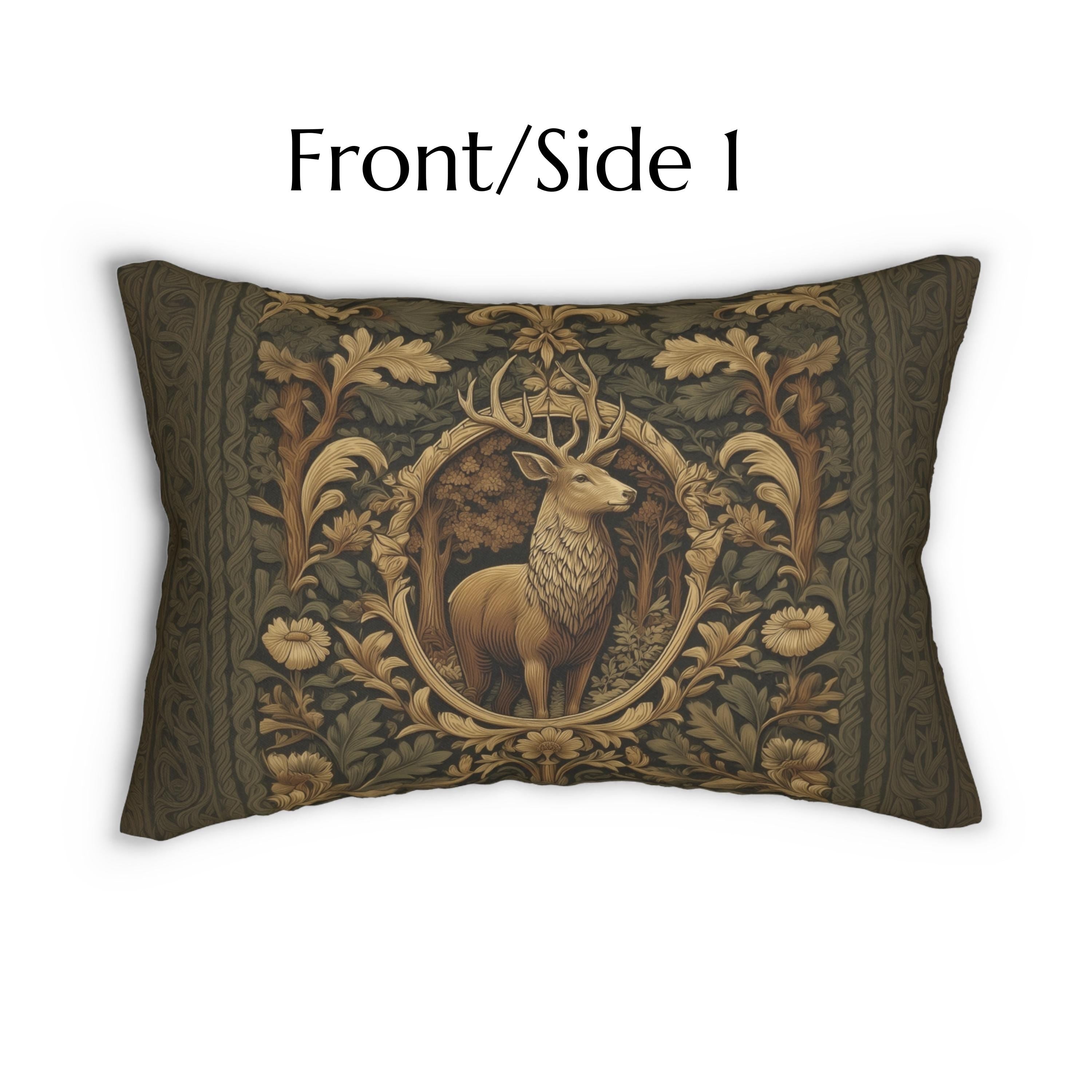 William Morris Inspired Noble Stag Lumbar Pillow: Botanical Woodland Design