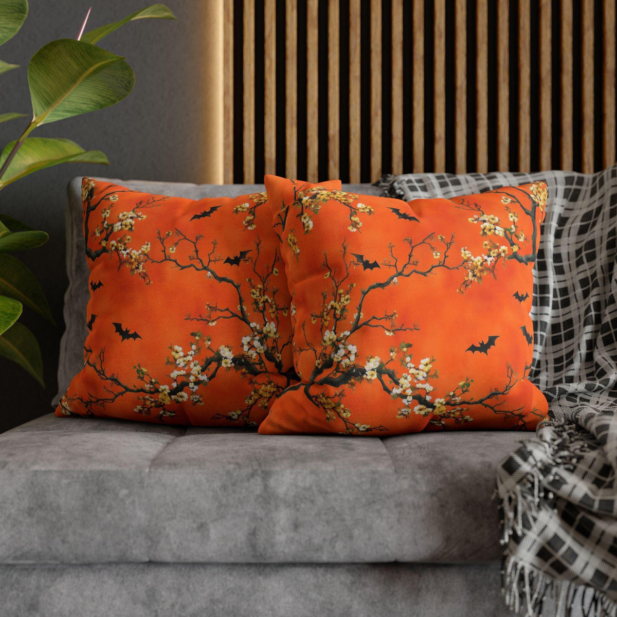 Halloween Chinoiserie Pillow Cover: Bright Orange Five Bats Decor
