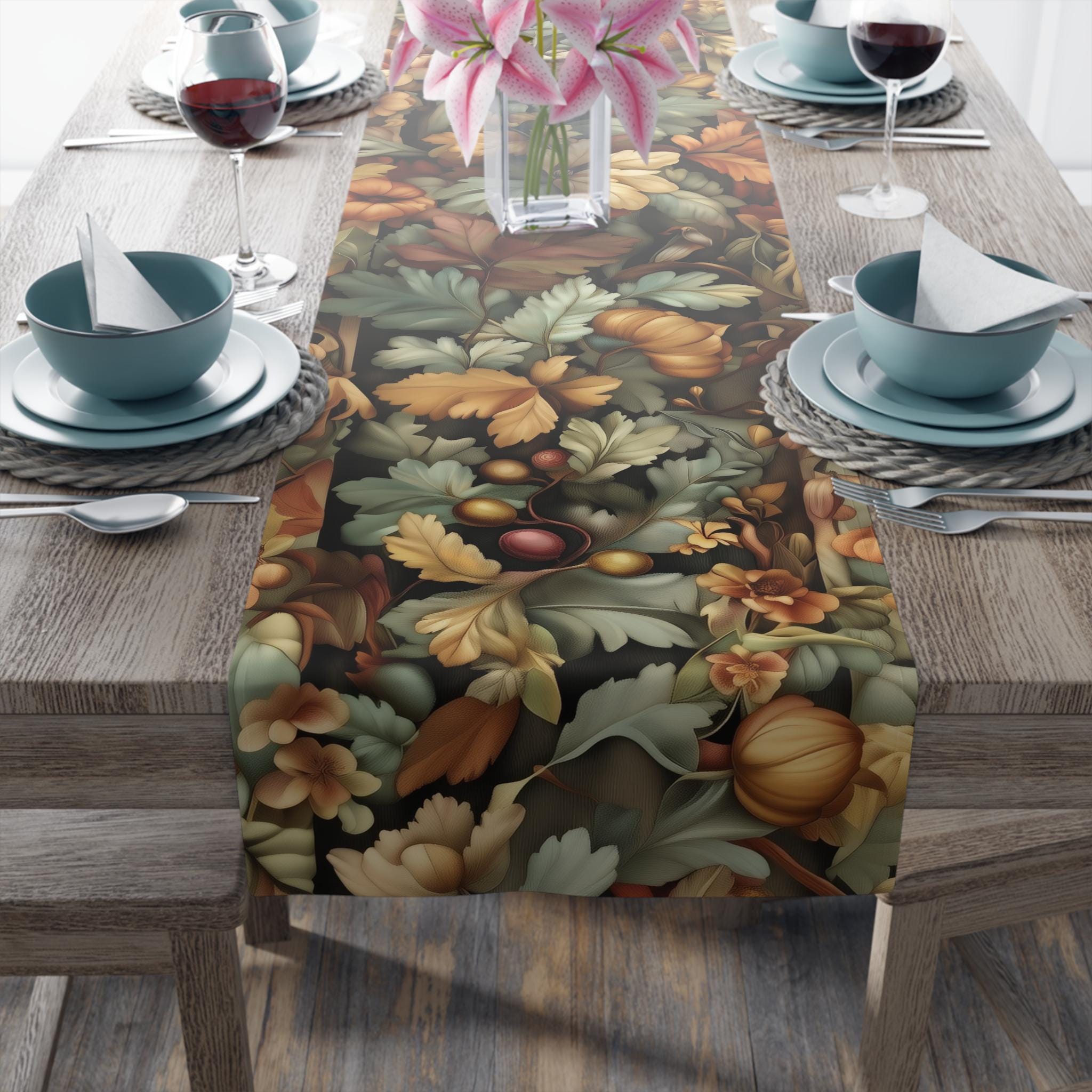 William Morris Inspired Autumn Botanical Table Runner: Charcoal, Sage, and Gold Fall Dining Decor