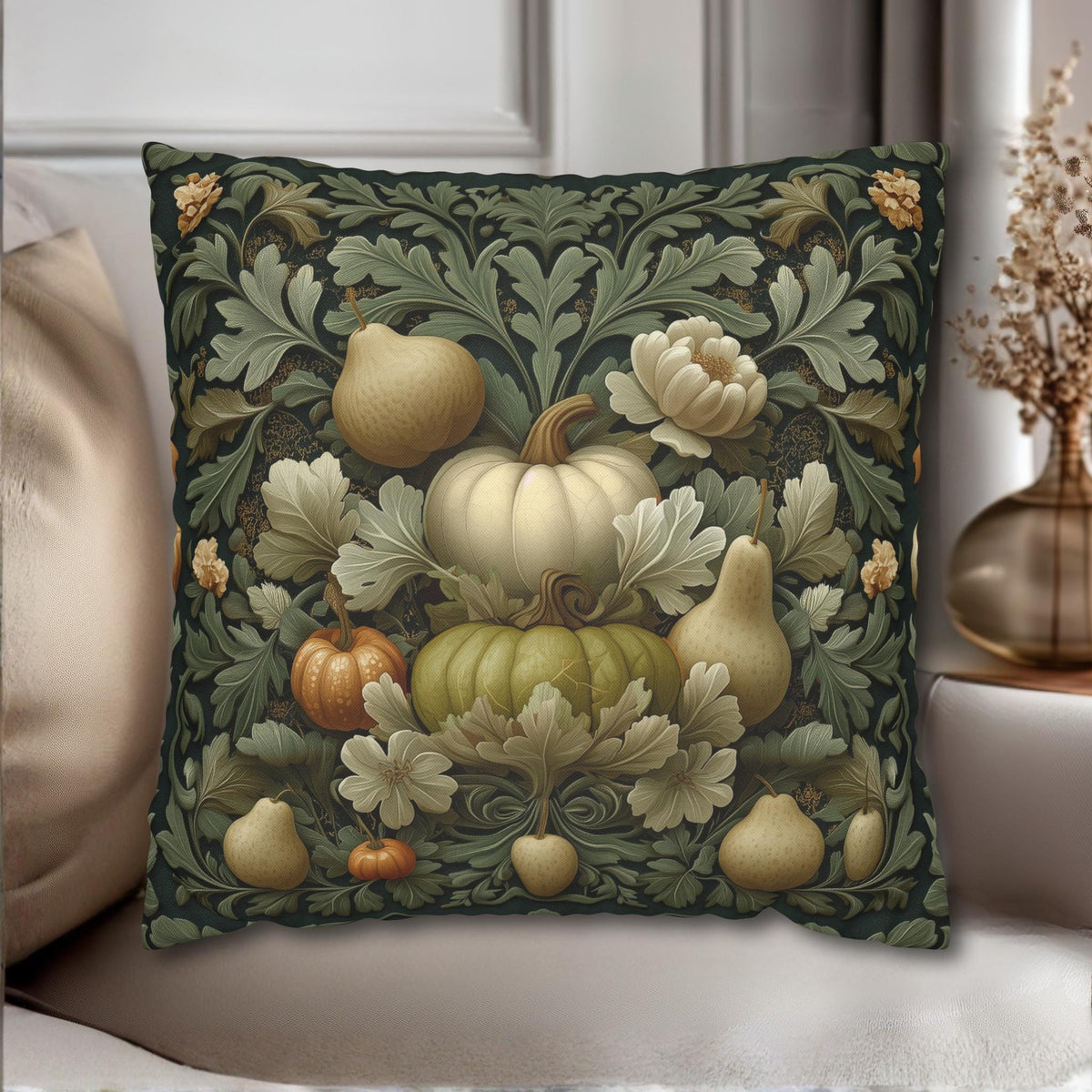 William Morris Inspired Pillow Cover: Vintage Style Autumn Tapestry in Sage and Cream