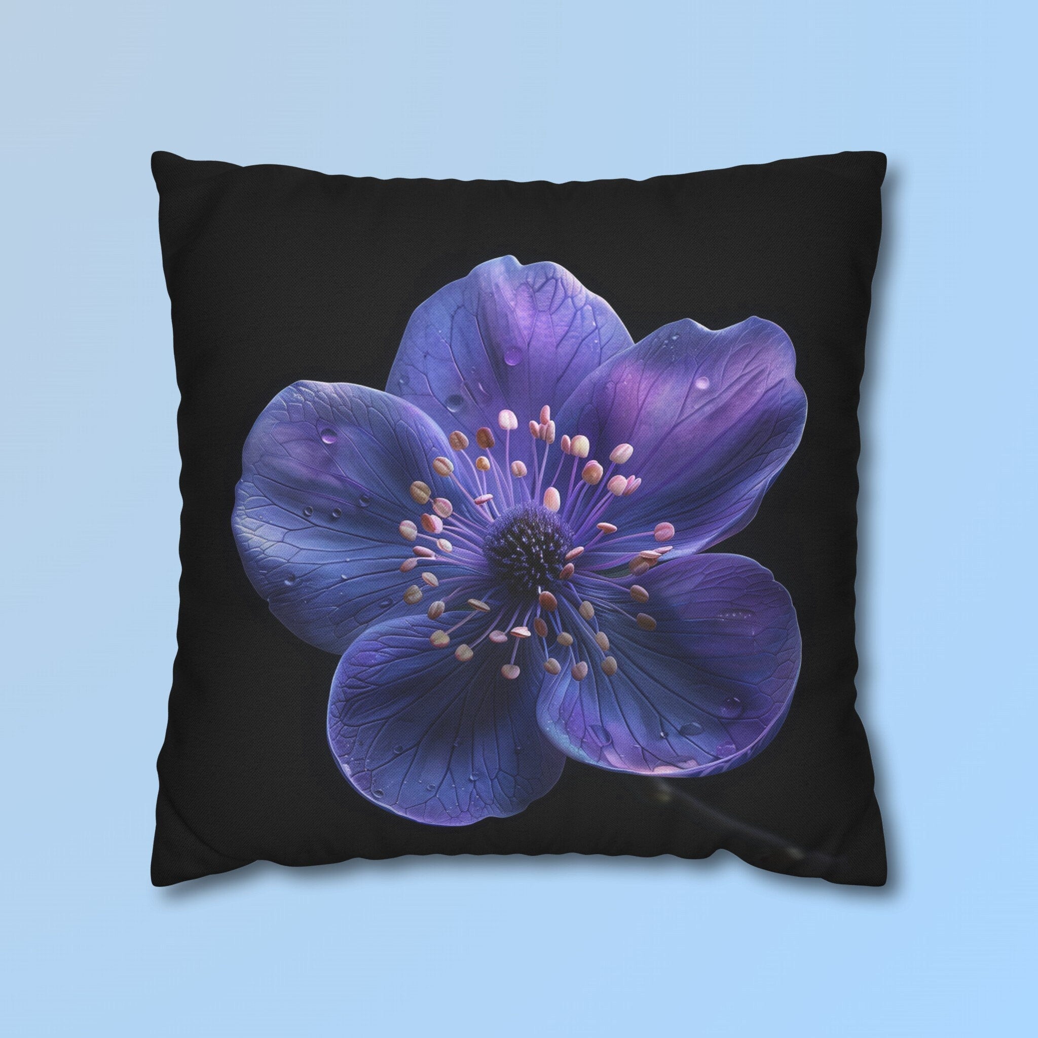 Purple Anemone Floral Pillow Cover, Vivid Flower on Black