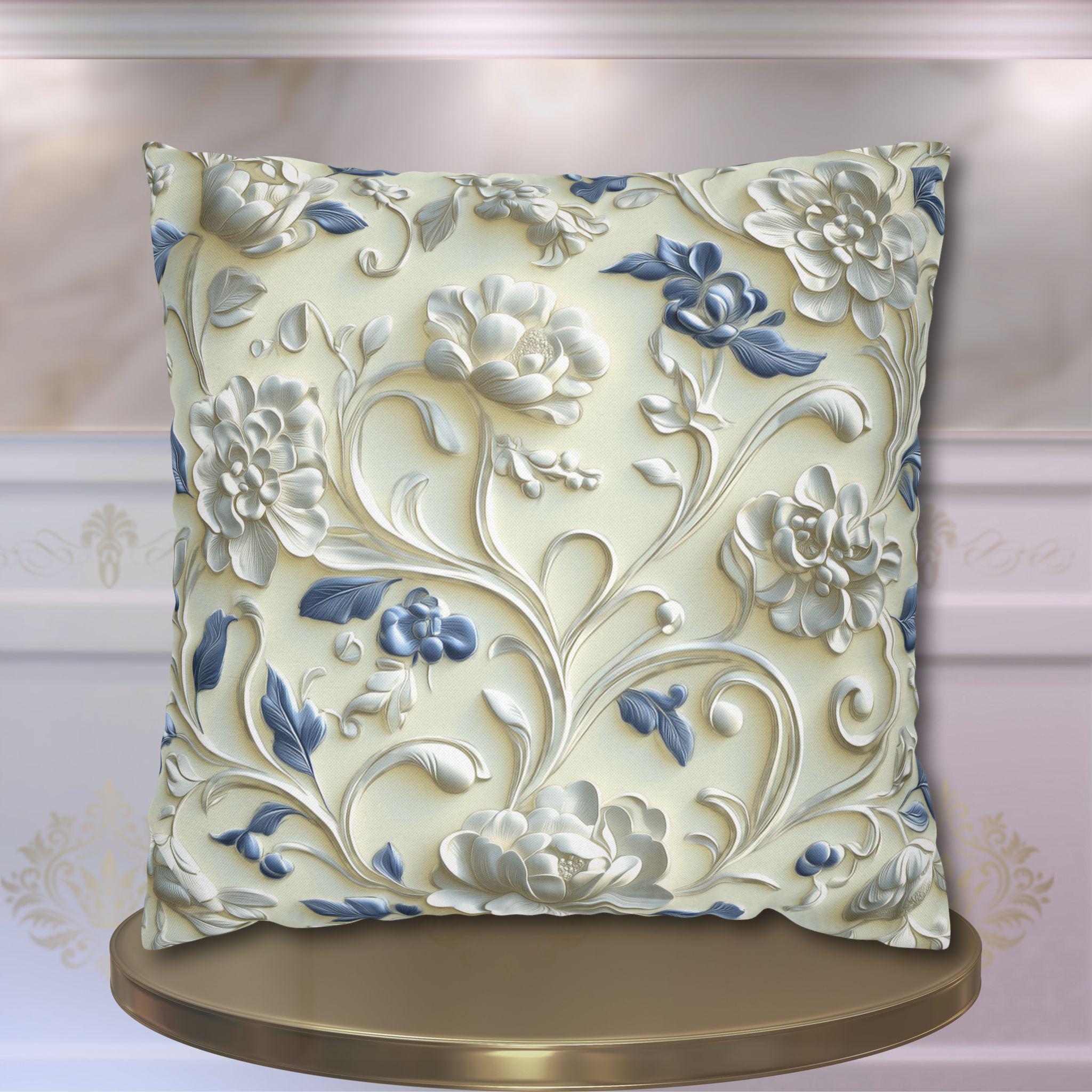 Elegant Chinoiserie Floral Pillowcase: Ivory & Blue Porcelain-Inspired Square Cover for Home Decor