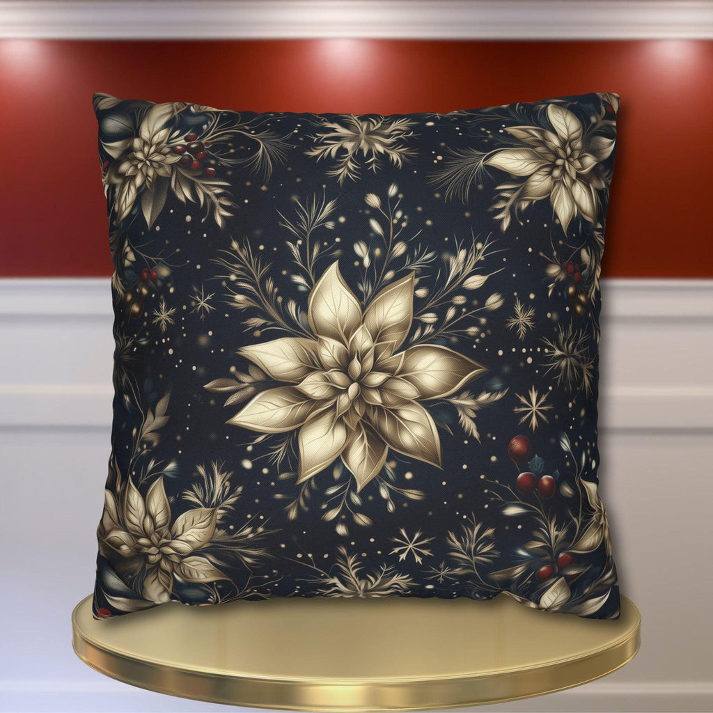 Elegant Holiday Pillow Cover | Golden Poinsettia Design | Navy Blue Background
