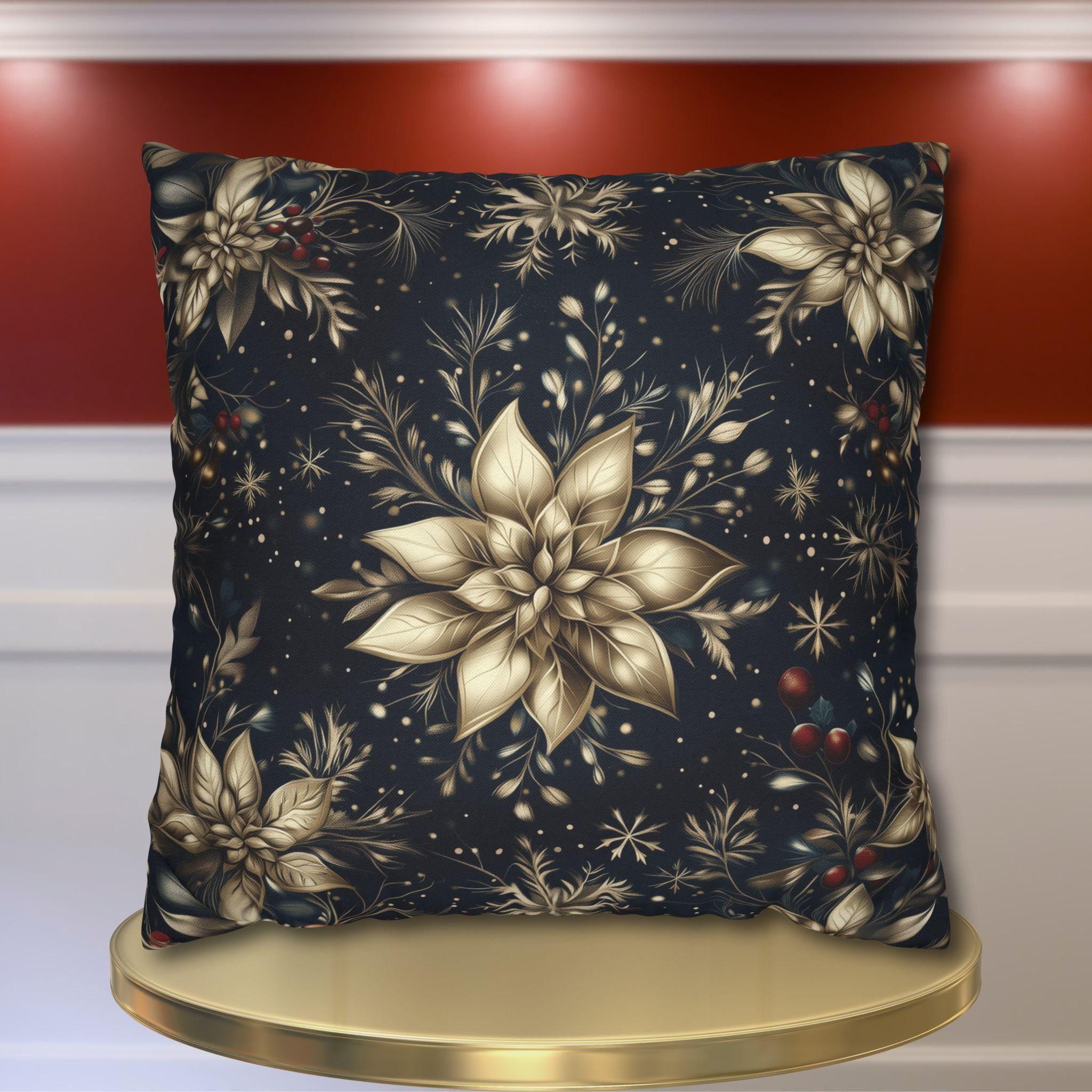Elegant Holiday Pillow Cover | Golden Poinsettia Design | Navy Blue Background