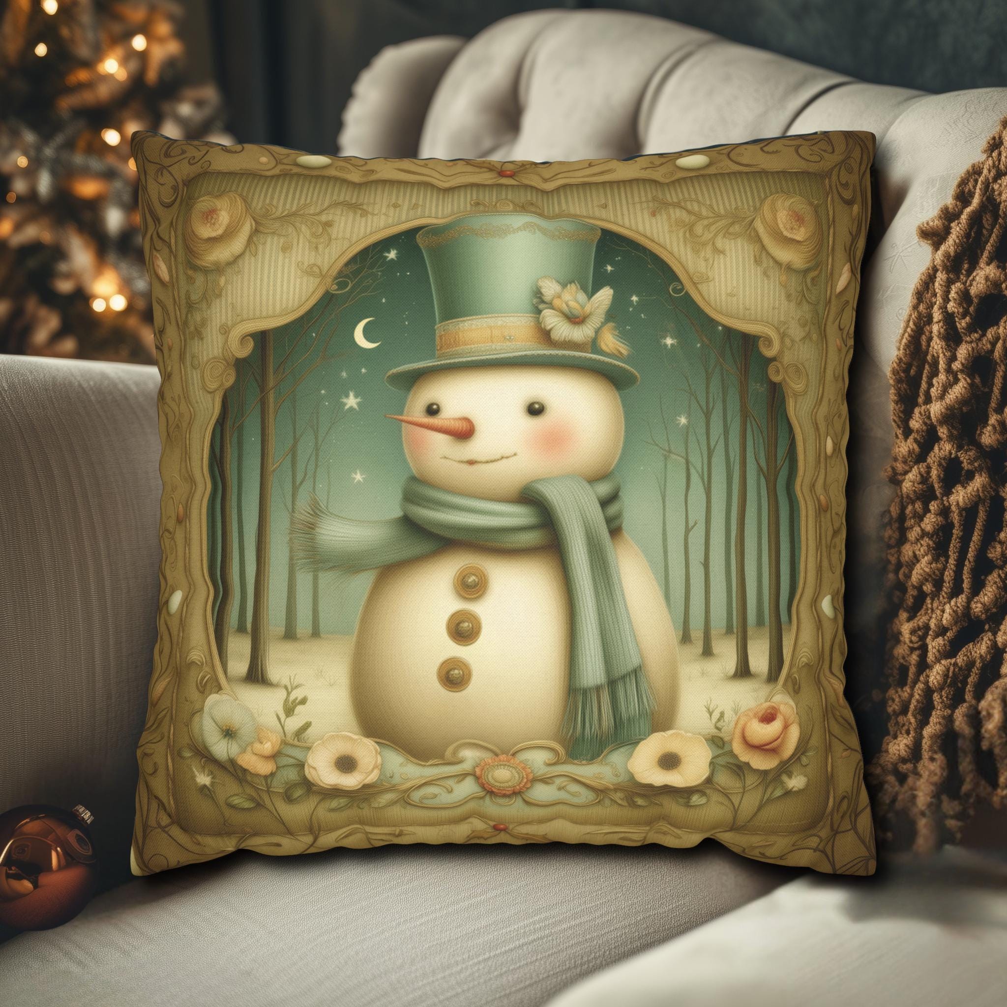 Charming Vintage Style Snowman Pillow Cover: Nostalgic Winter Holiday Accent