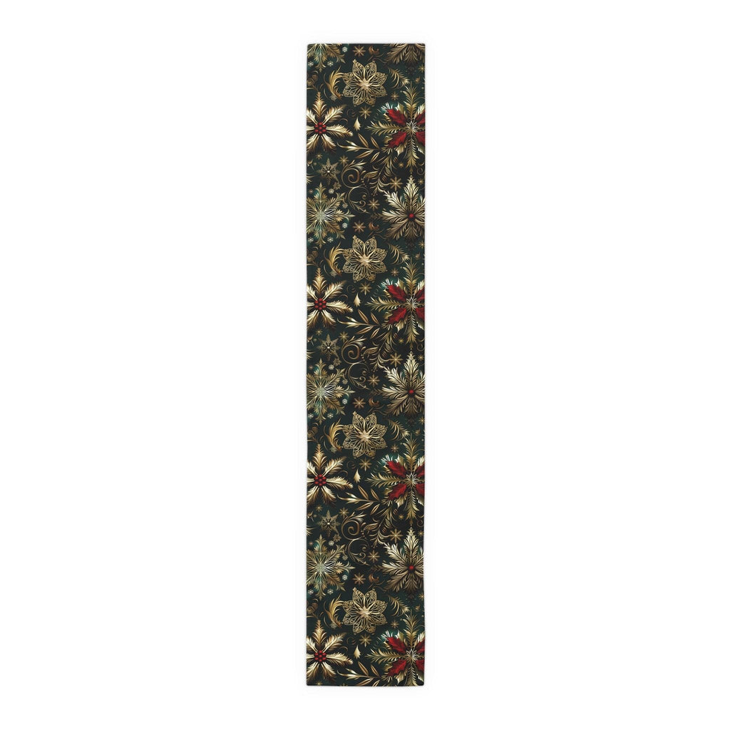Emerald Green Holiday Table Runner: Gold Snowflakes, Red Poinsettias