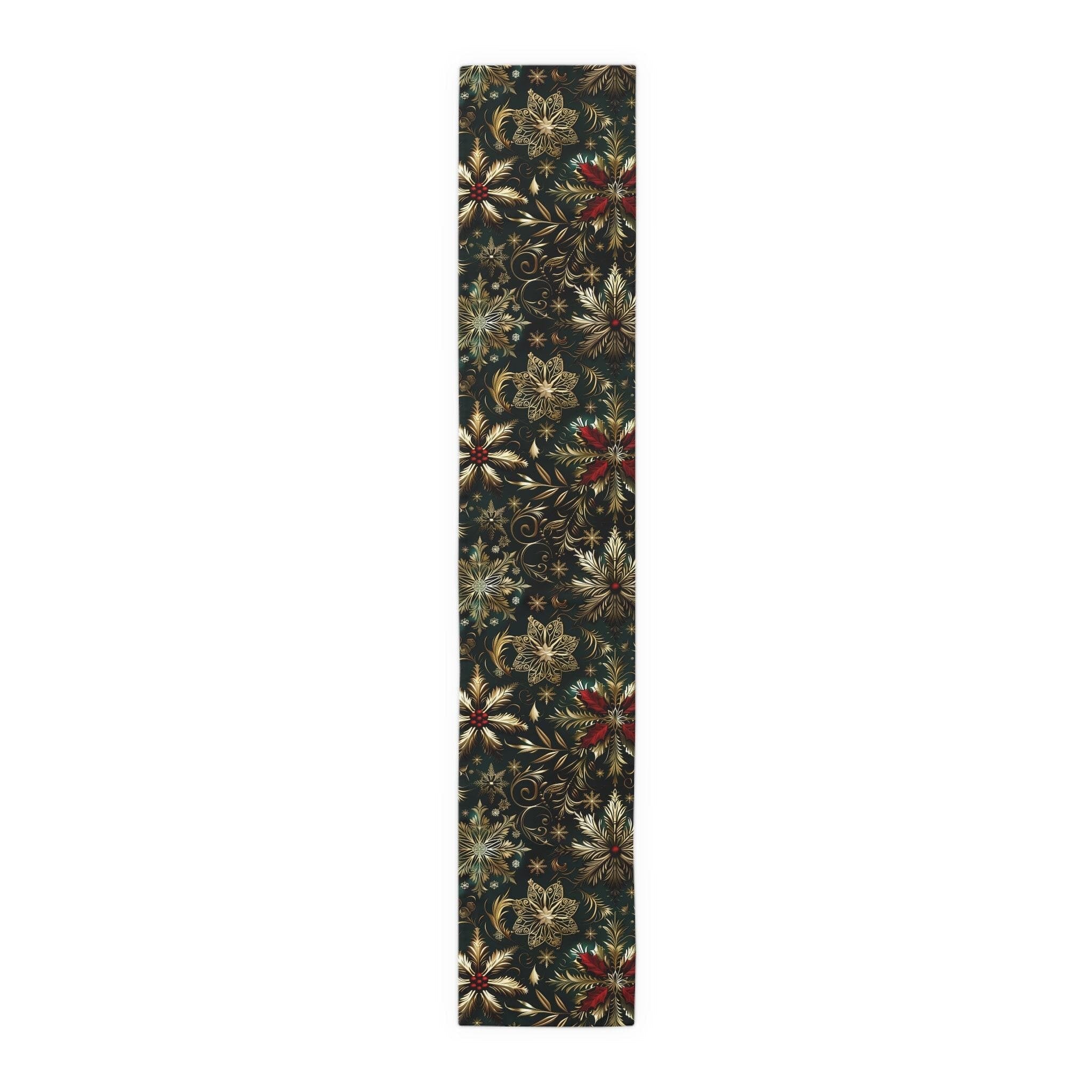 Emerald Green Holiday Table Runner: Gold Snowflakes, Red Poinsettias