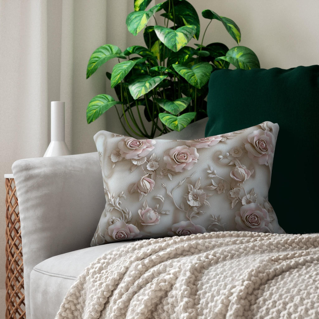 Soft Pink Roses Floral Lumbar Pillow – Romantic Feminine Cushion (20" x 14")