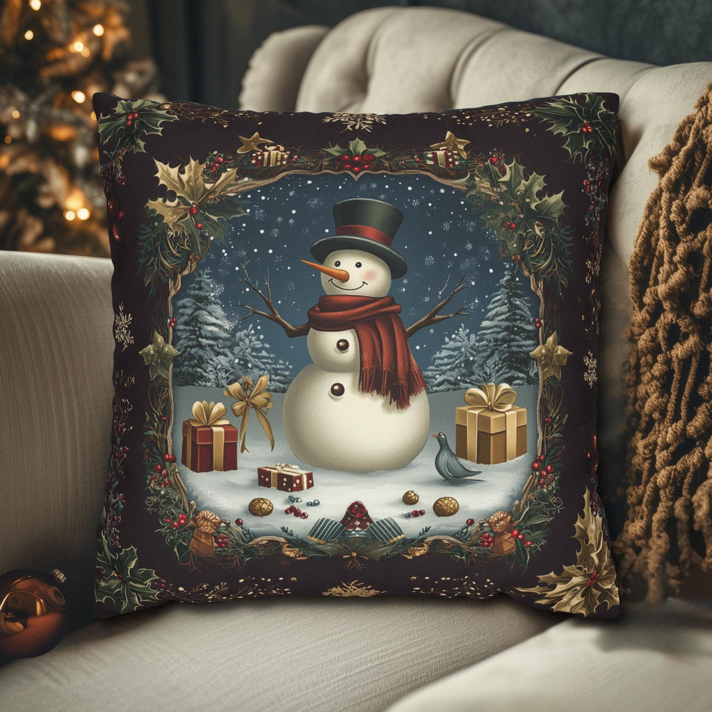 Vintage Style Holiday Pillow Cover: Burgundy and Gold Christmas Snowman Design