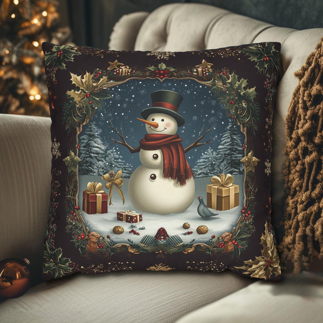 Vintage Style Holiday Pillow Cover: Burgundy and Gold Christmas Snowman Design