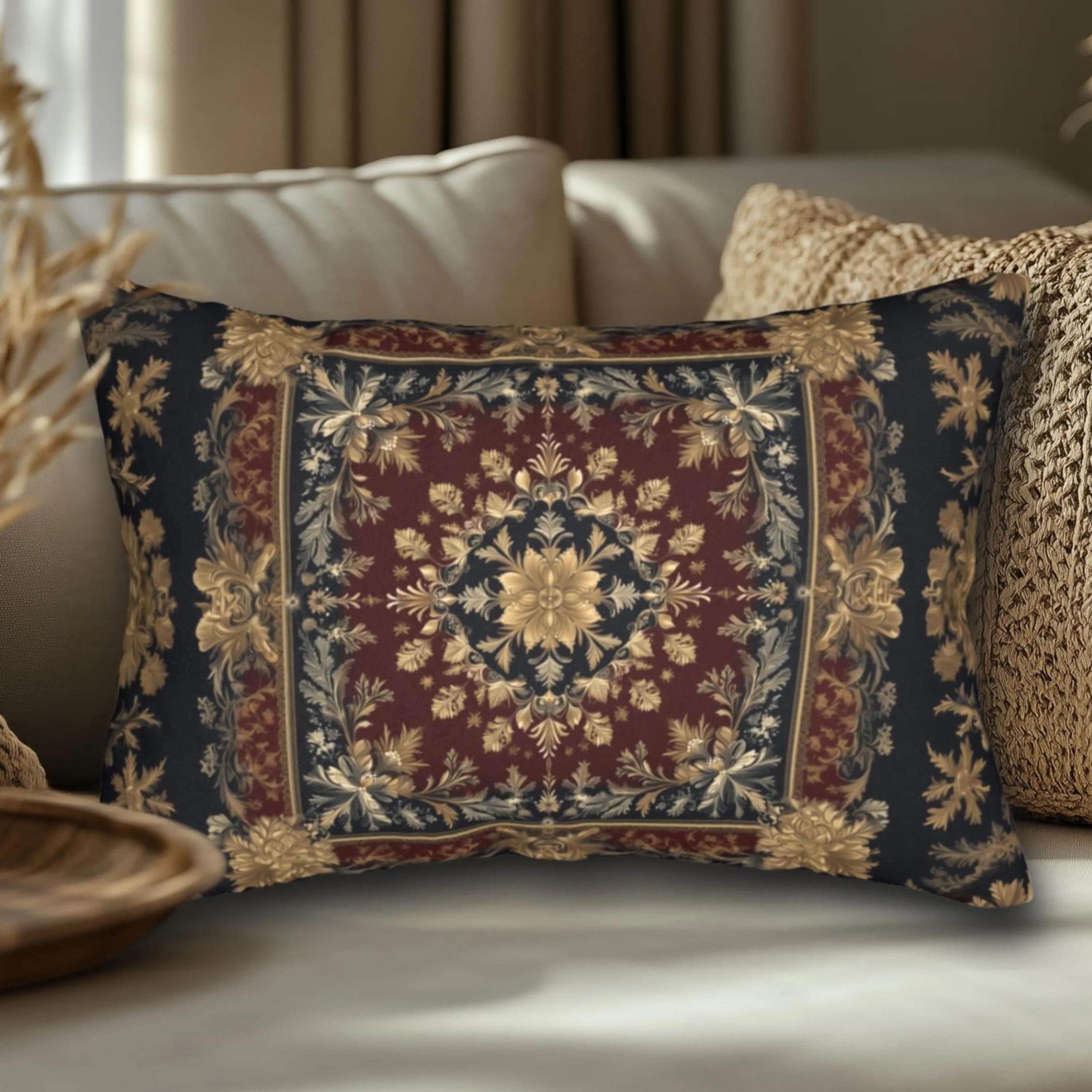 Elegant Vintage-Inspired Lumbar Pillow: Gold, Burgundy & Navy Luxury Cushion for Antique-Style Home Decor