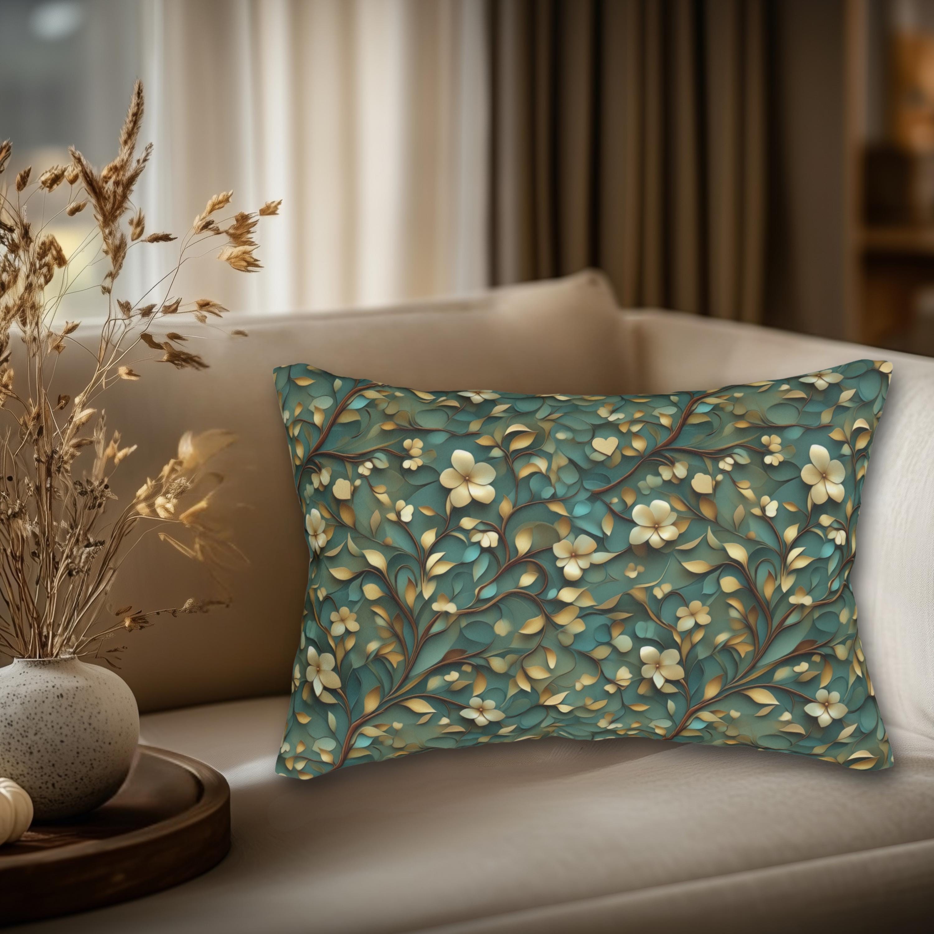 Luxurious William Morris Inspired Floral Lumbar Pillow: Green & Gold Botanical Design
