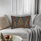 William Morris Christmas Lumbar Pillow: Vintage Style Emerald Green Poinsettia, Golden Snowflake