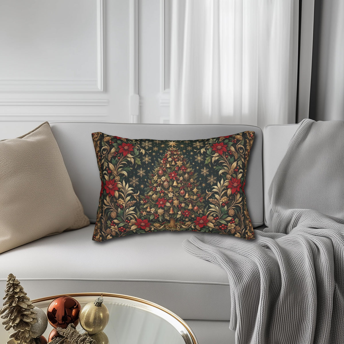 William Morris Christmas Lumbar Pillow: Vintage Style Emerald Green Poinsettia, Golden Snowflake