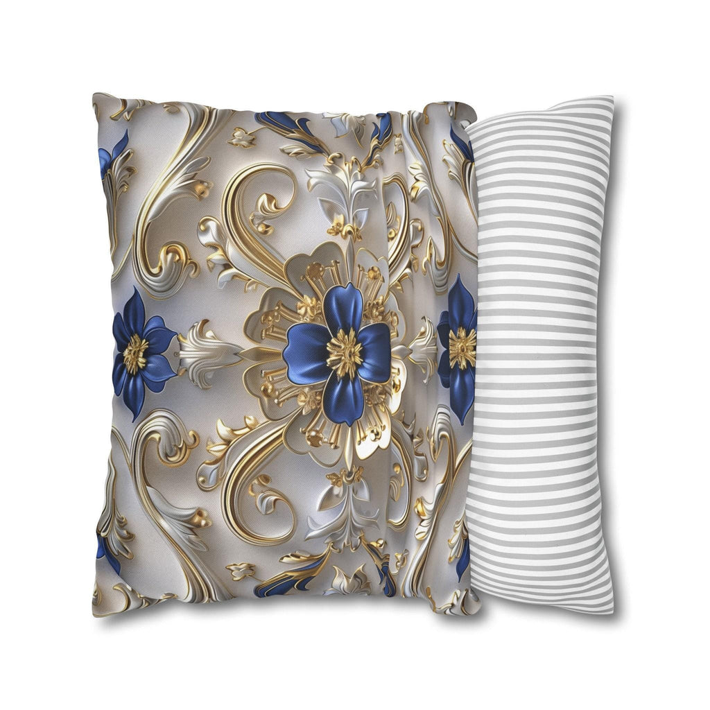 Baroque Inspired Throw Pillow Cover Blue and Gold Ornate Design Elegant Home Decor Gift