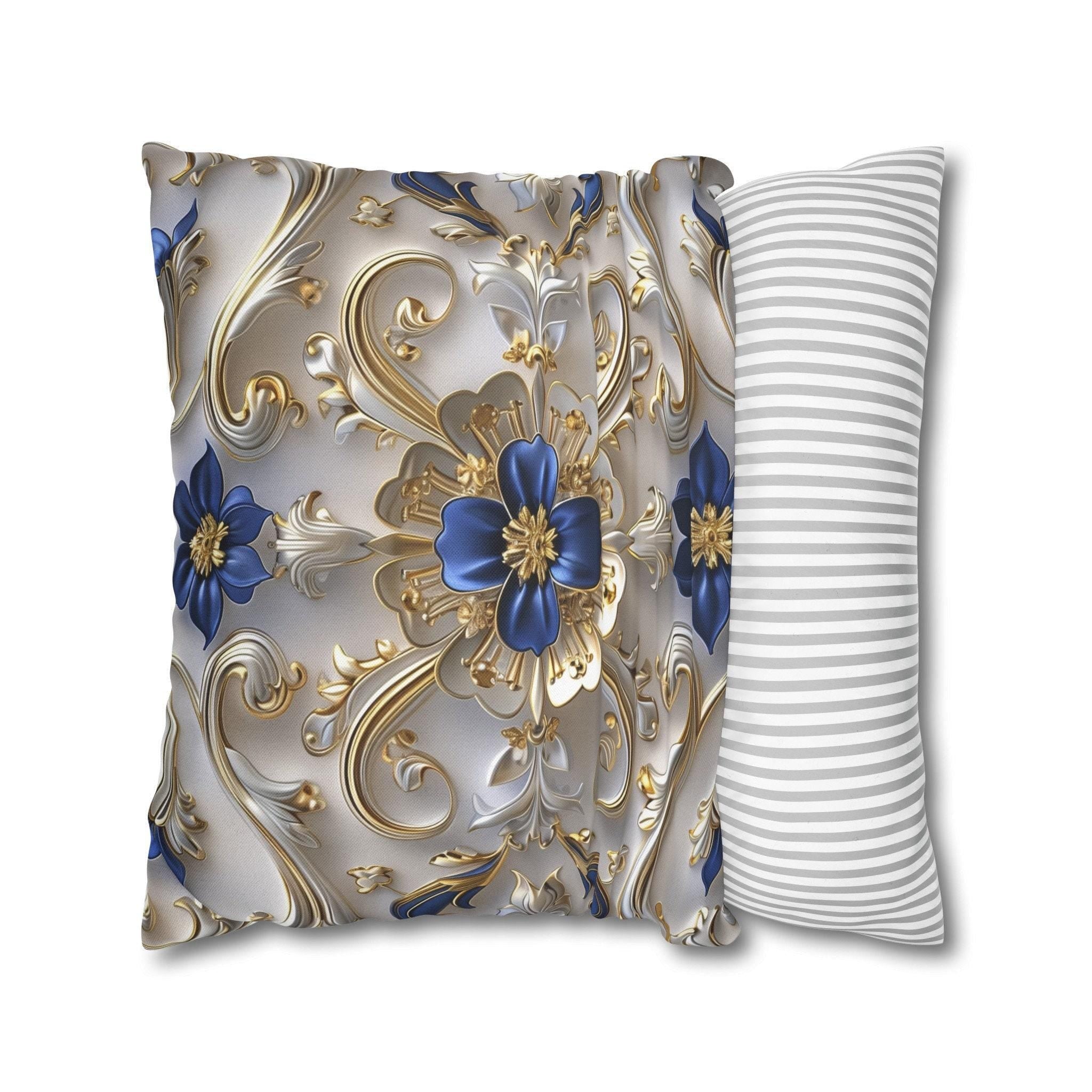 Baroque Inspired Throw Pillow Cover Blue and Gold Ornate Design Elegant Home Decor Gift