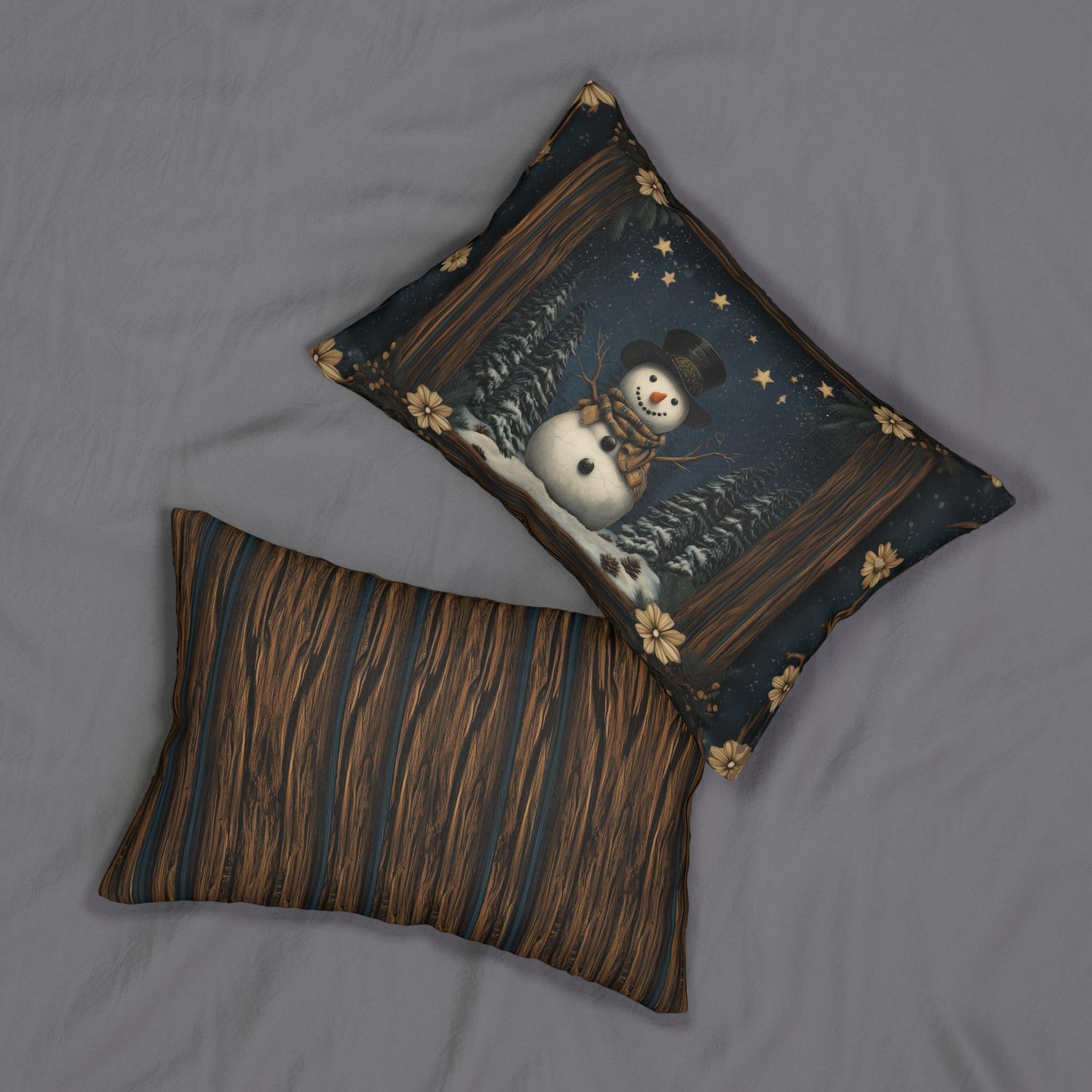 William Morris Inspired Winter Snowman Lumbar Pillow, Christmas Throw Cushion