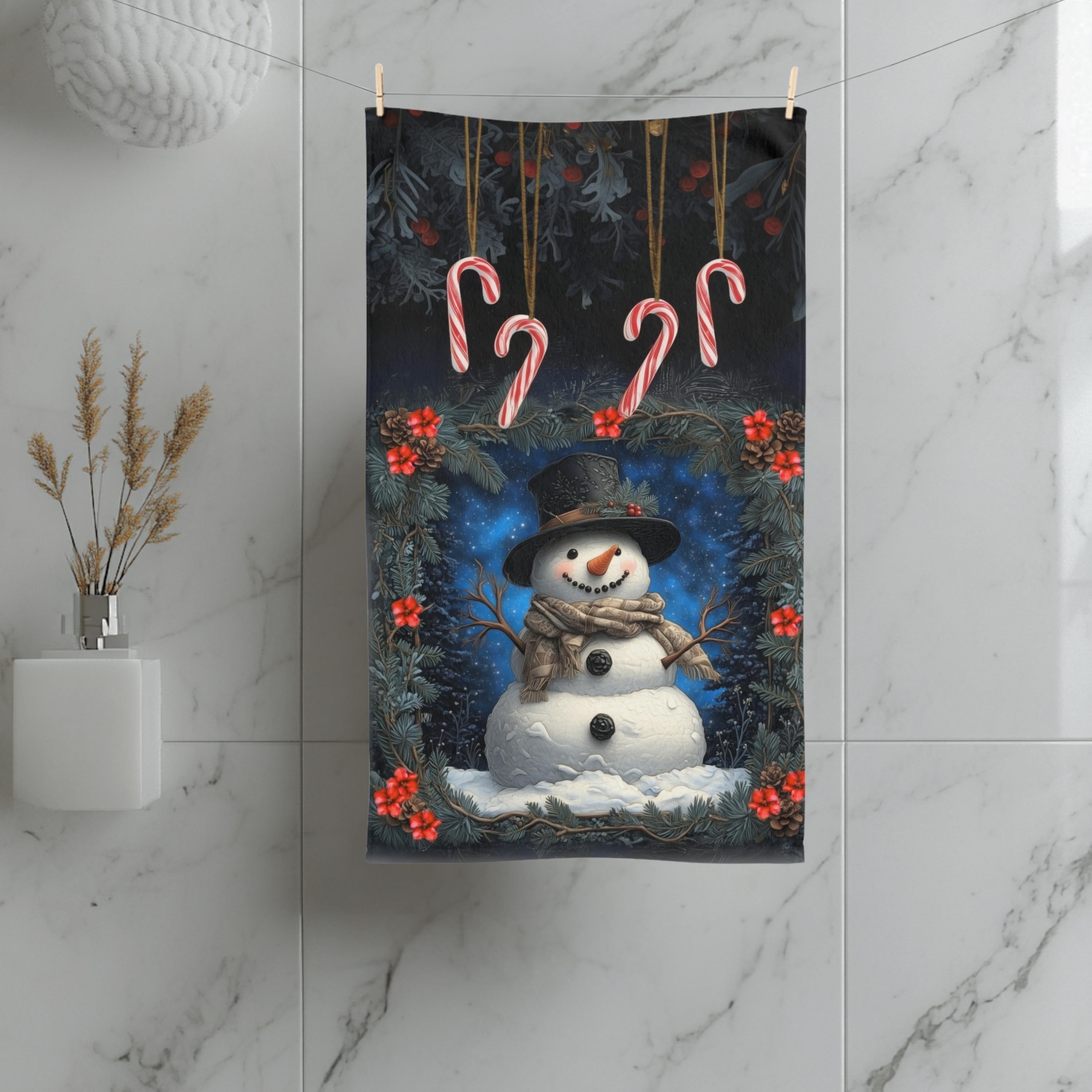 William Morris Inspired Snowman Hand Towel: Christmas Winter Bath or Kitchen Decor