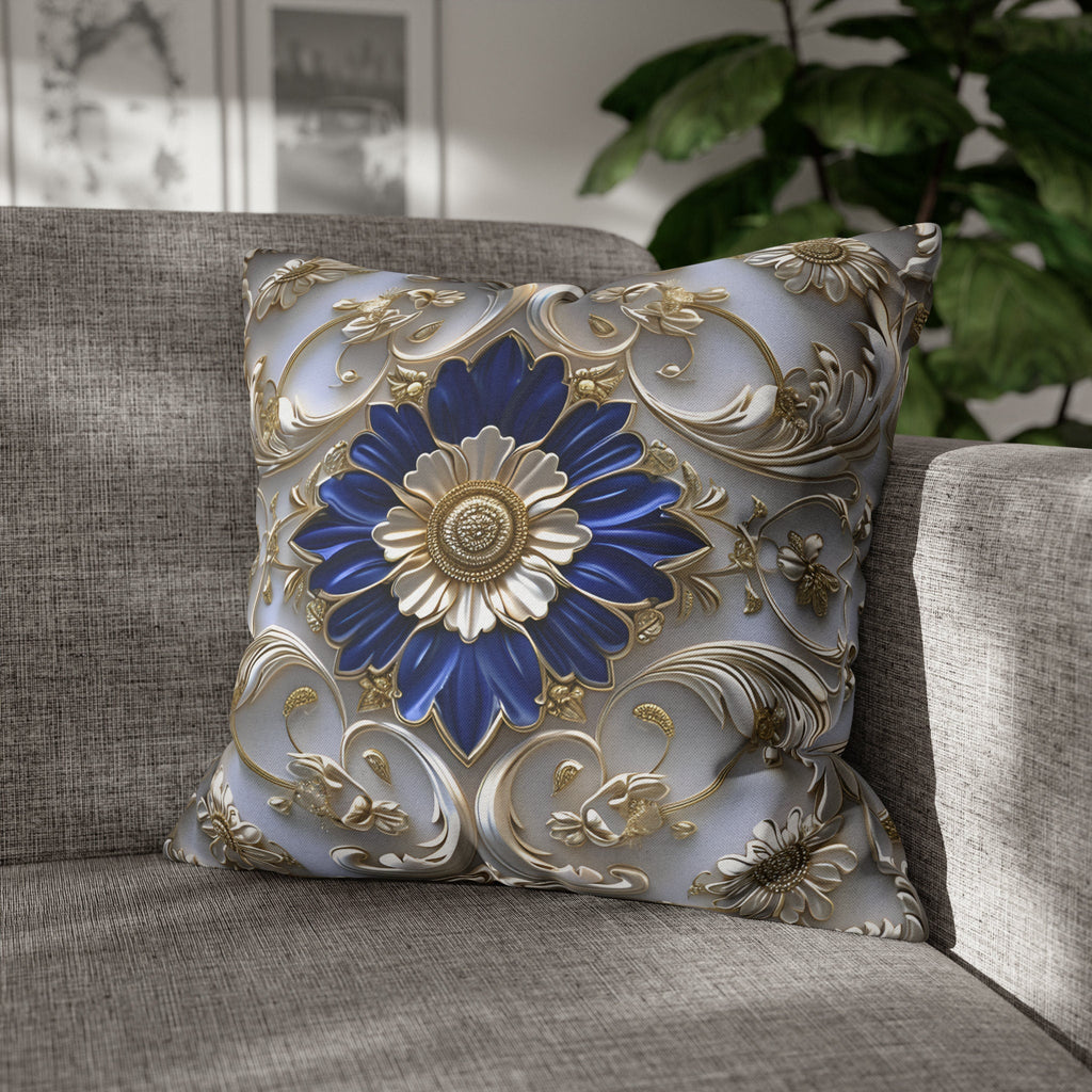 Baroque Floral Throw Pillow Cover: Cobalt Blue, Silver-Gray & Gold Accents, Elegant Cushion Case