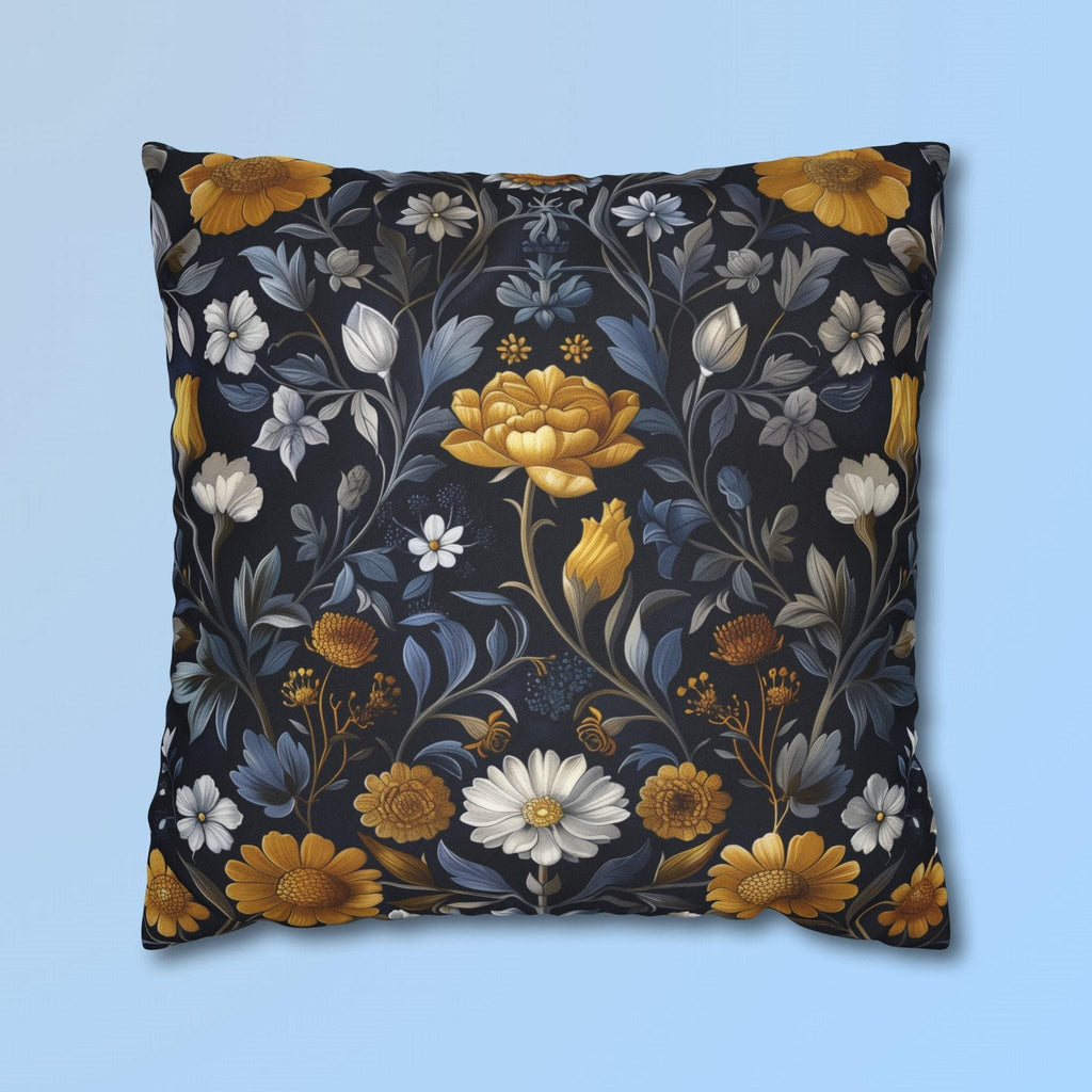 Elegant William Morris Inspired Floral Pillow Cover: Dark Background with Daisies, Tulips & Chrysanthemums