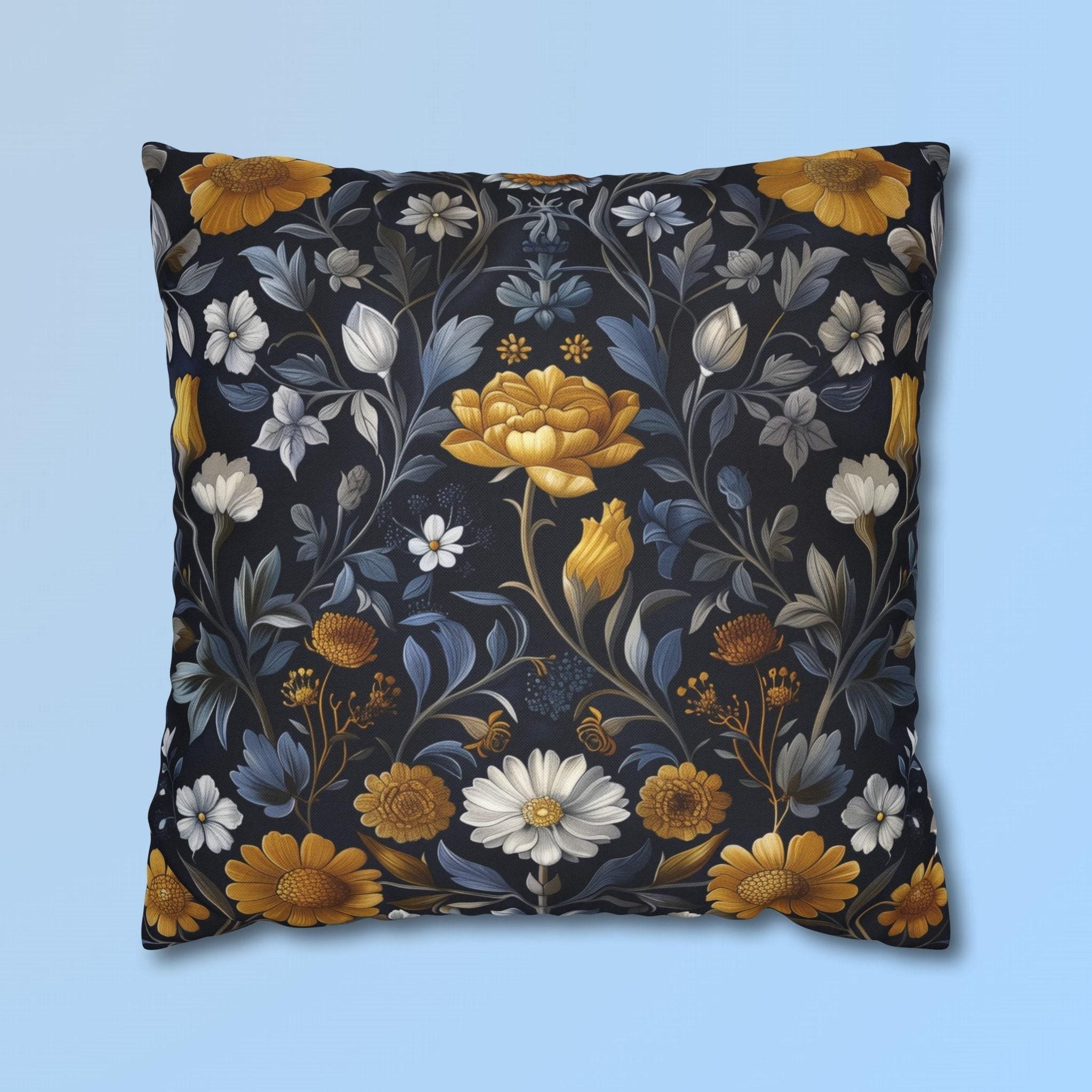 Elegant William Morris Inspired Floral Pillow Cover: Dark Background with Daisies, Tulips & Chrysanthemums