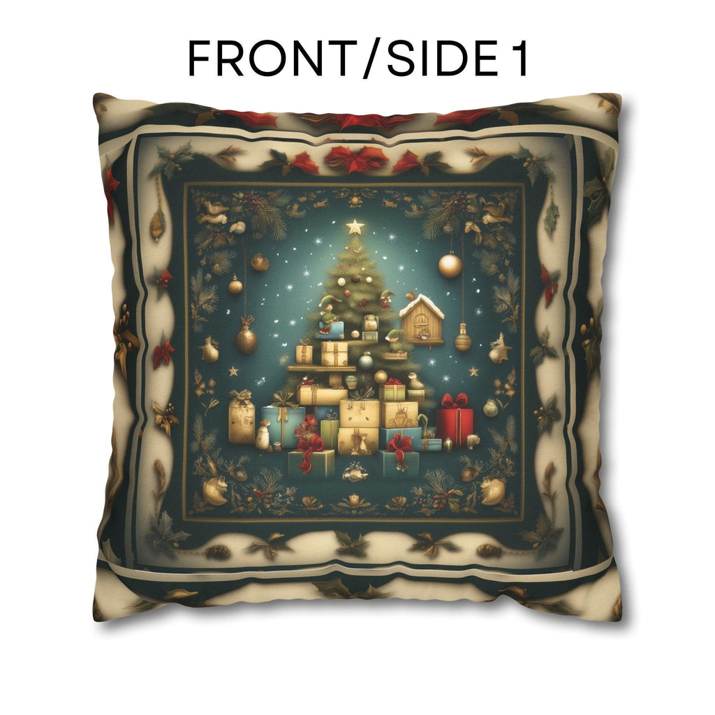 Vintage Style Holiday Pillow Cover: Storybook Christmas Tree & Gifts Design