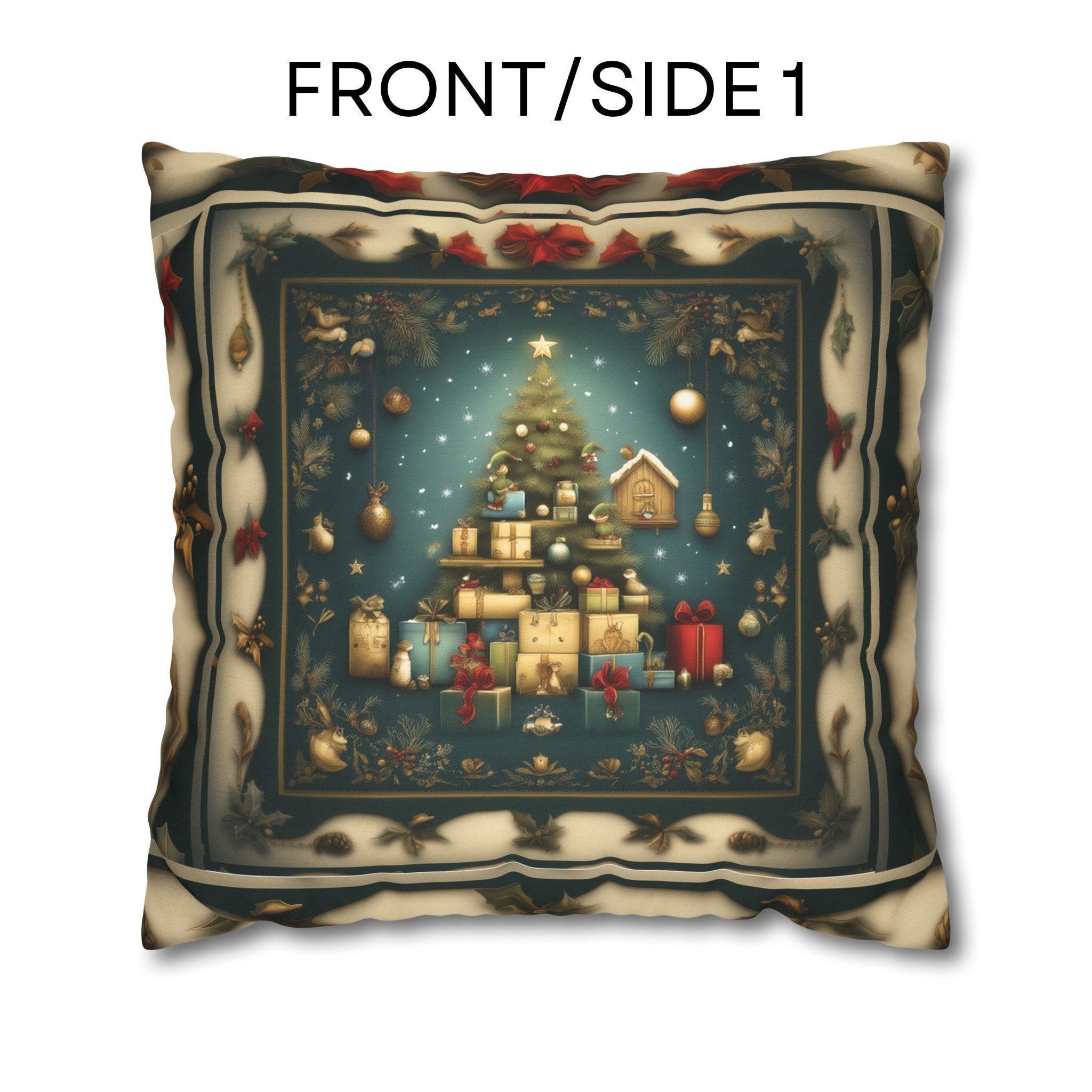 Vintage Style Holiday Pillow Cover: Storybook Christmas Tree & Gifts Design