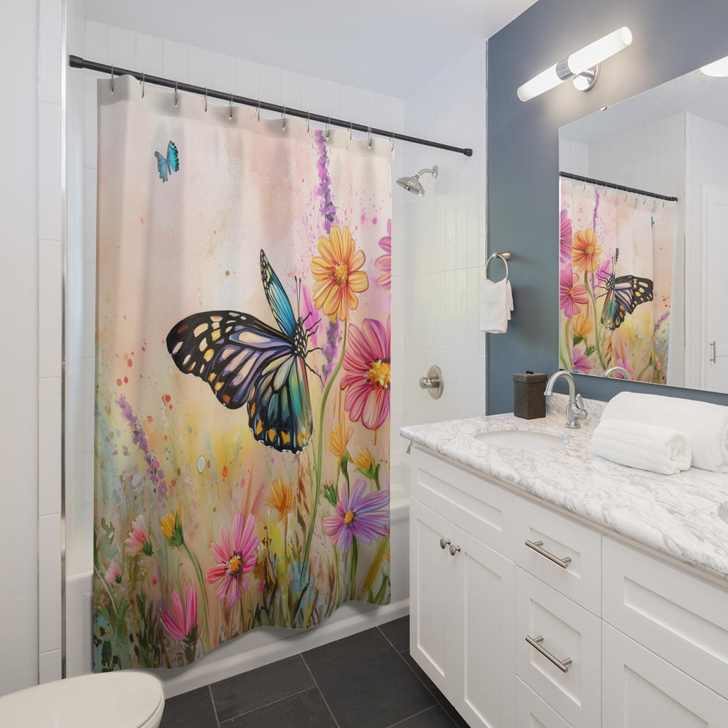 Colorful Butterfly Garden Fabric Shower Curtain: Watercolor Spring Wildflowers on Pastel Background