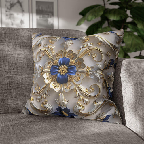 Baroque Inspired Throw Pillow Cover Blue and Gold Ornate Design Elegant Home Decor Gift